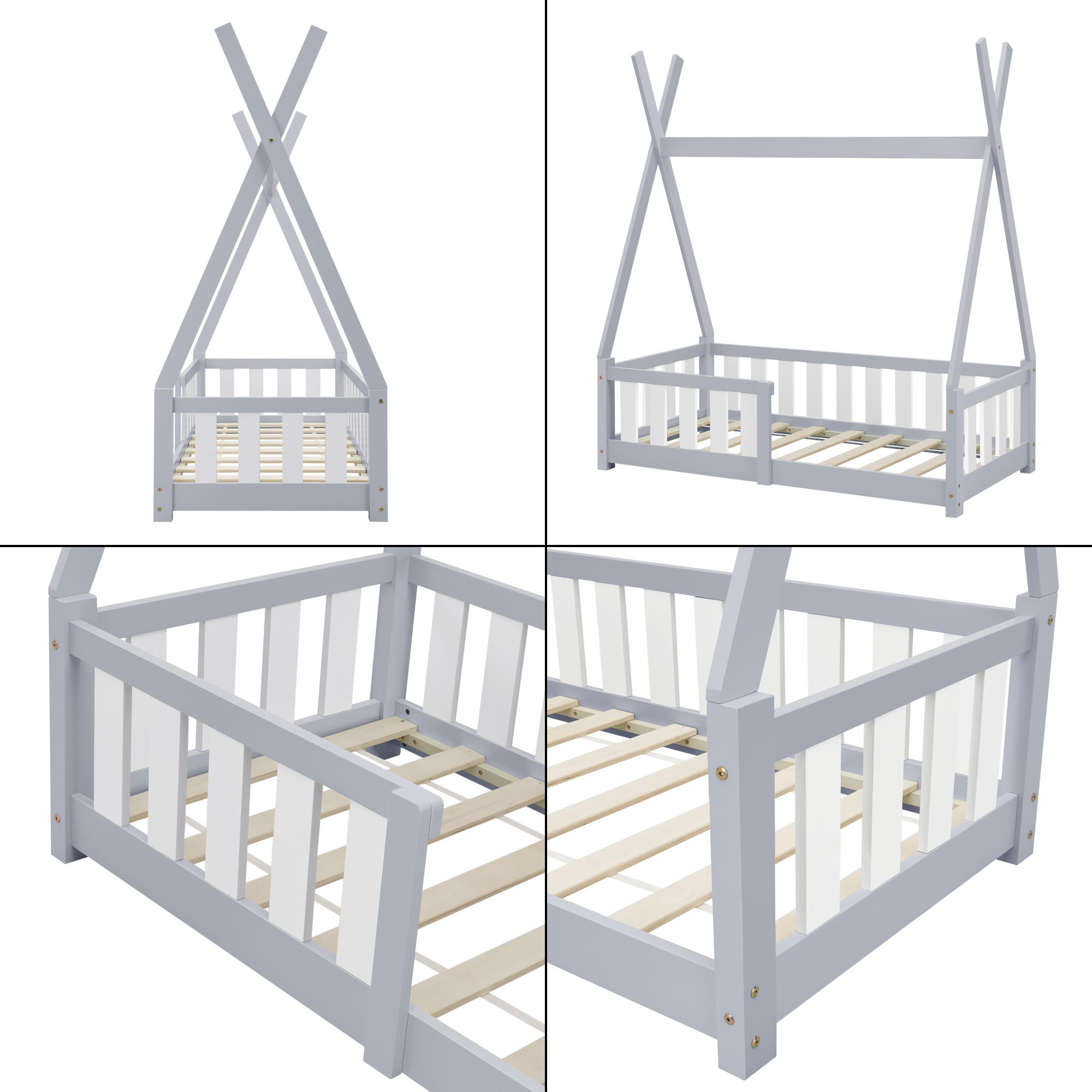 Pat copii tip cort Helsingborg 70x140 cm, gri deschis, din lemn