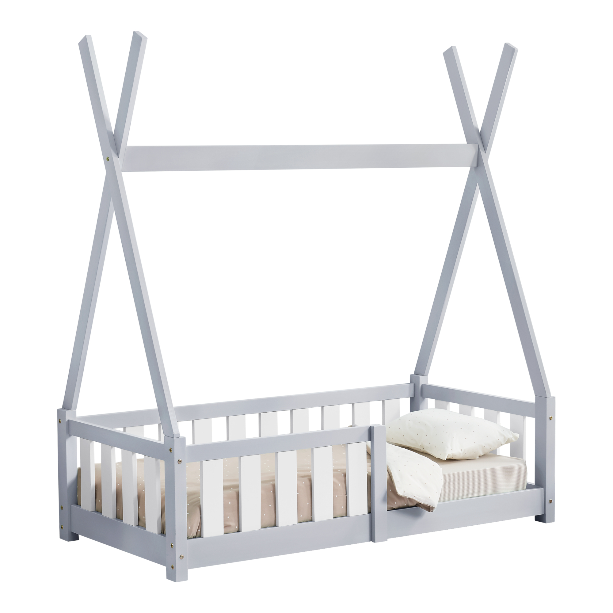 Pat copii tip cort Helsingborg 70x140 cm, gri deschis, din lemn