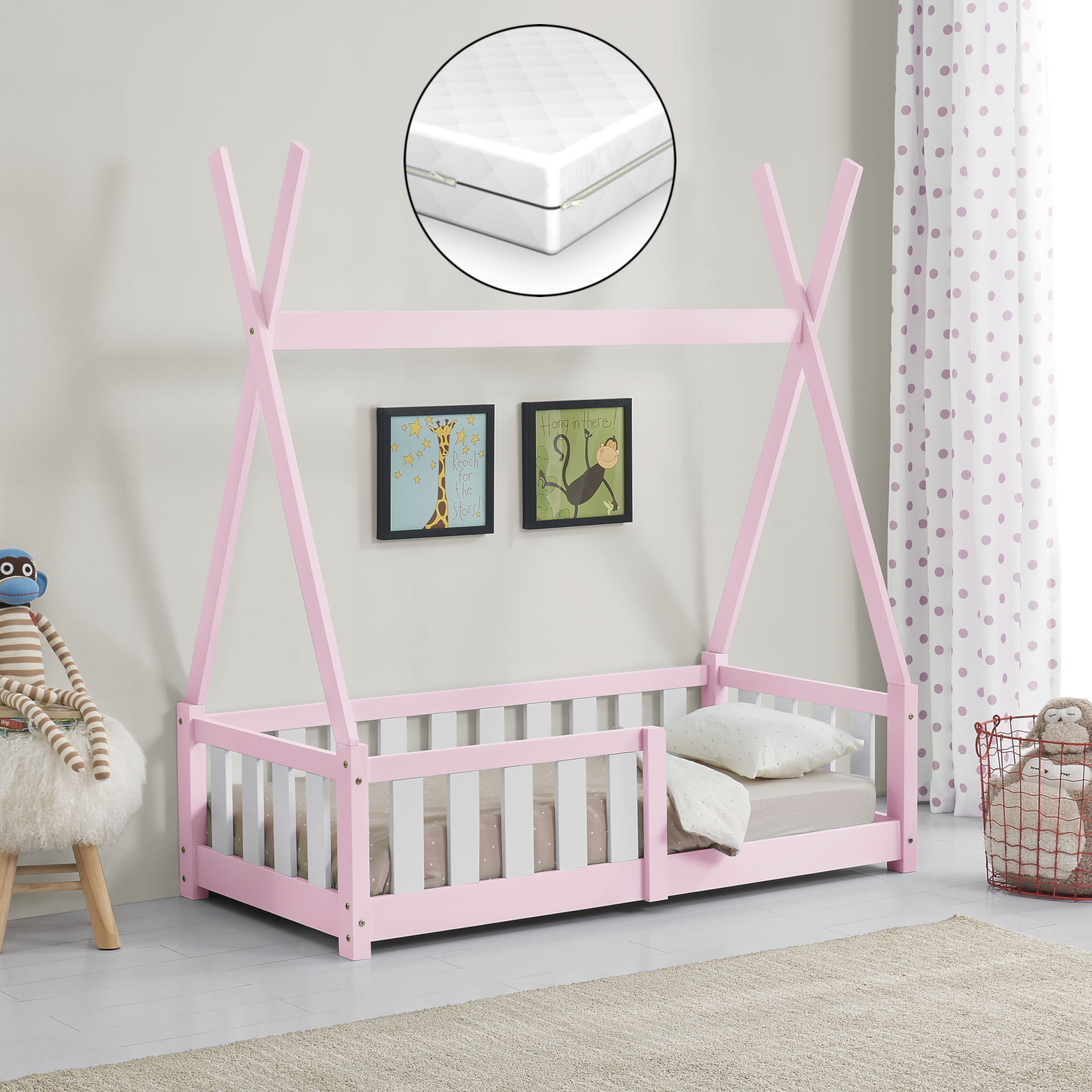 Pat copii tip cort din lemn roz 70x140 cm cu saltea ortopedica