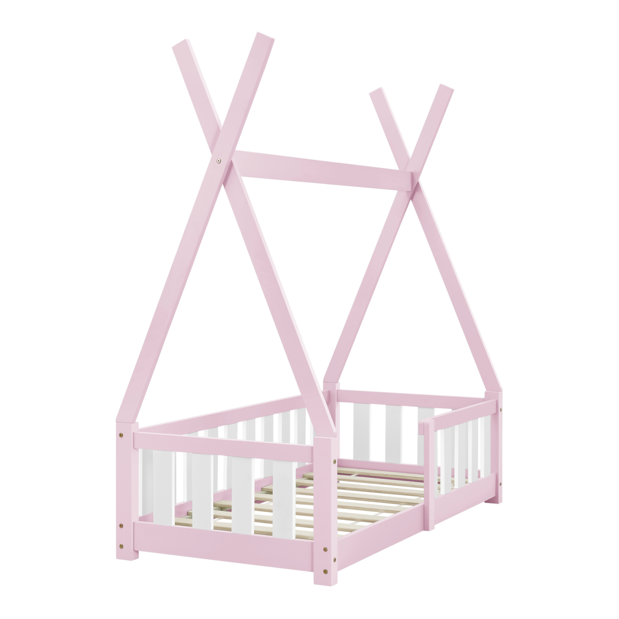 Pat copii tip cort din lemn roz 70x140 cm cu saltea ortopedica