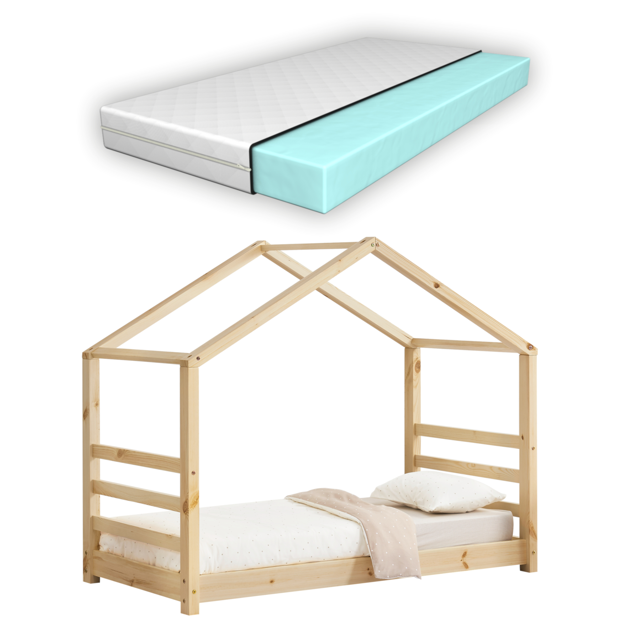 Pat copii tip căsuță din lemn 80x160 cm cu saltea spumă rece