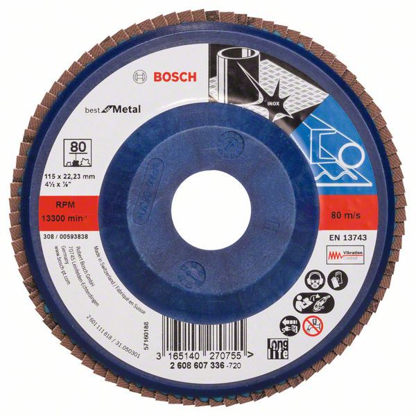 Disc lamelar Bosch pentru metal, 115 mm, granulație 80, alezaj 22,23 mm