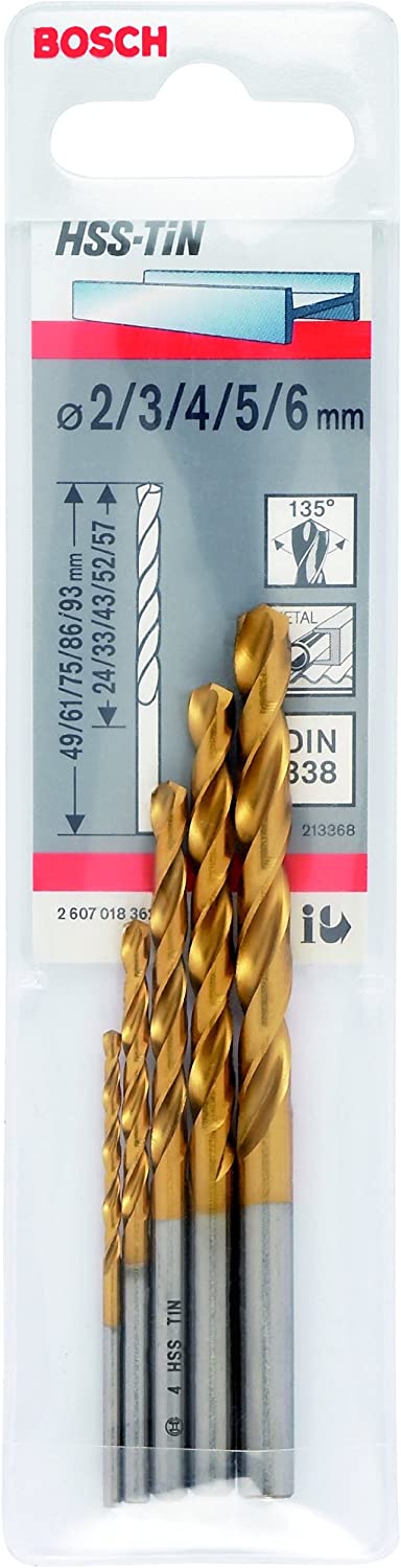 Set 5 burghie pentru metal Bosch HSS-TiN DIN 338, 2-6 mm