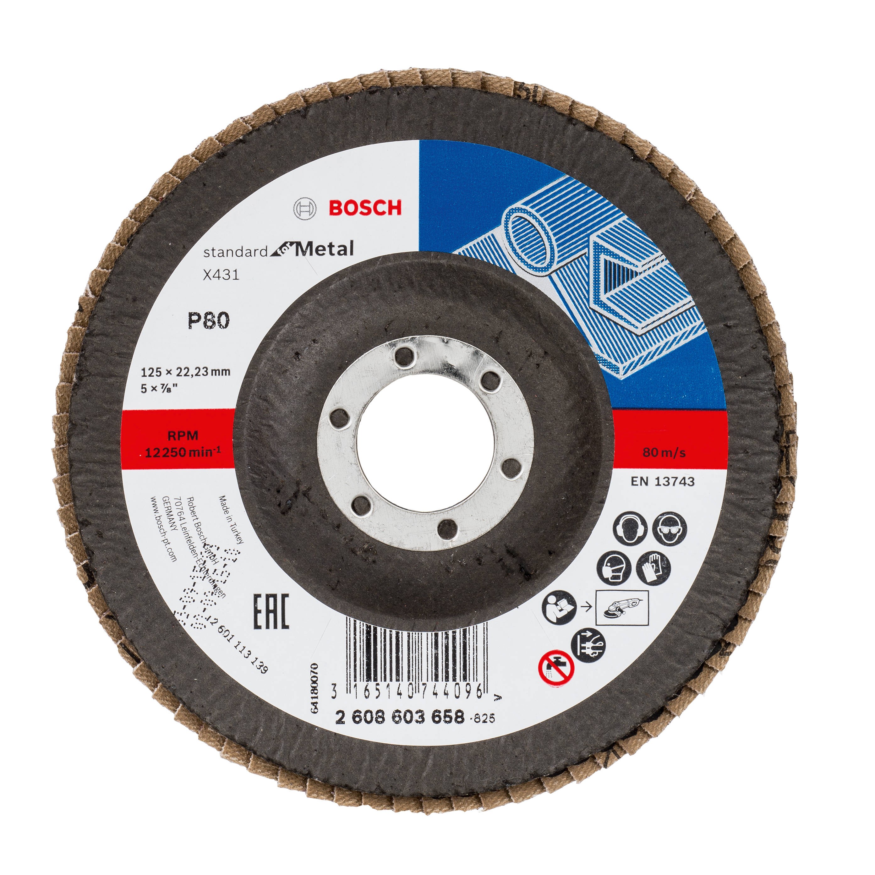 Disc lamelar Bosch X431 pentru metal, 125 mm, alezaj 22,23 mm, P80
