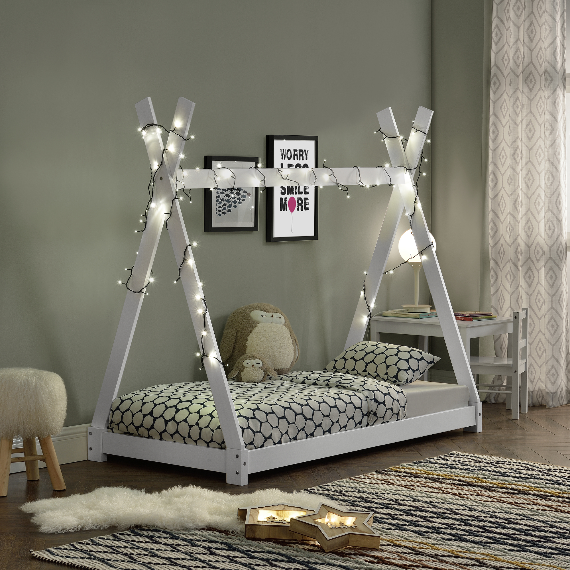 Pat copii Tipi Onejda, alb mat, din lemn de pin, 80x160 cm