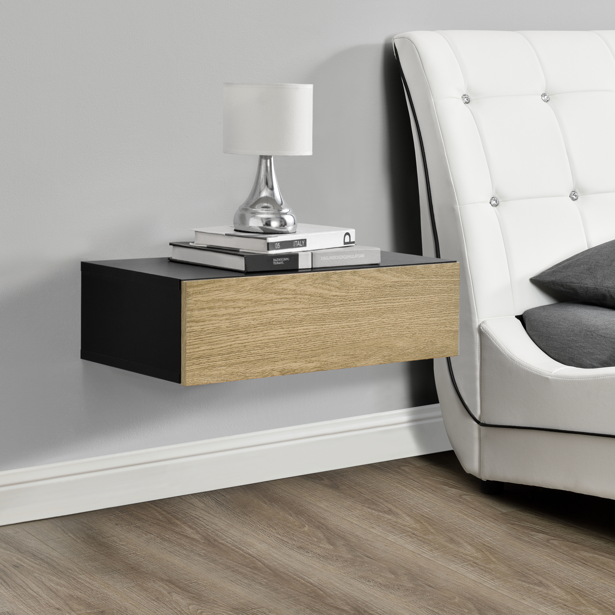 Raft de perete cu sertar Antilles 50x24x12 cm, negru si lemn natur