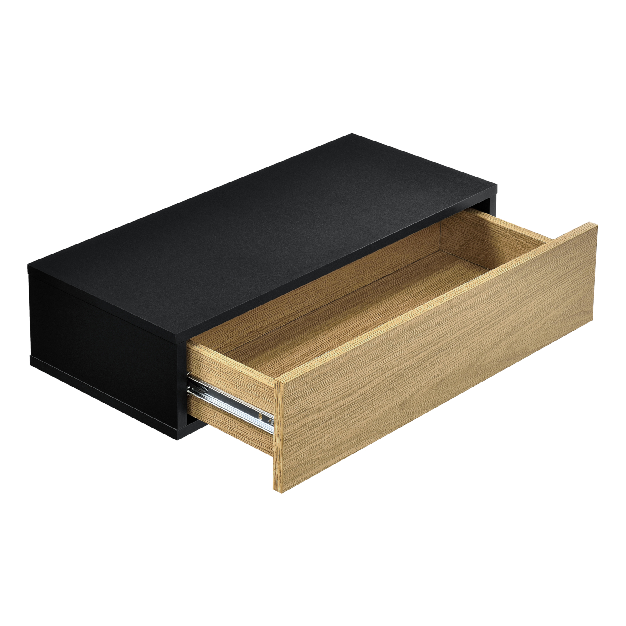 Set 2 rafturi suspendate cu sertar Leknes, negru si lemn, 50x24x12 cm