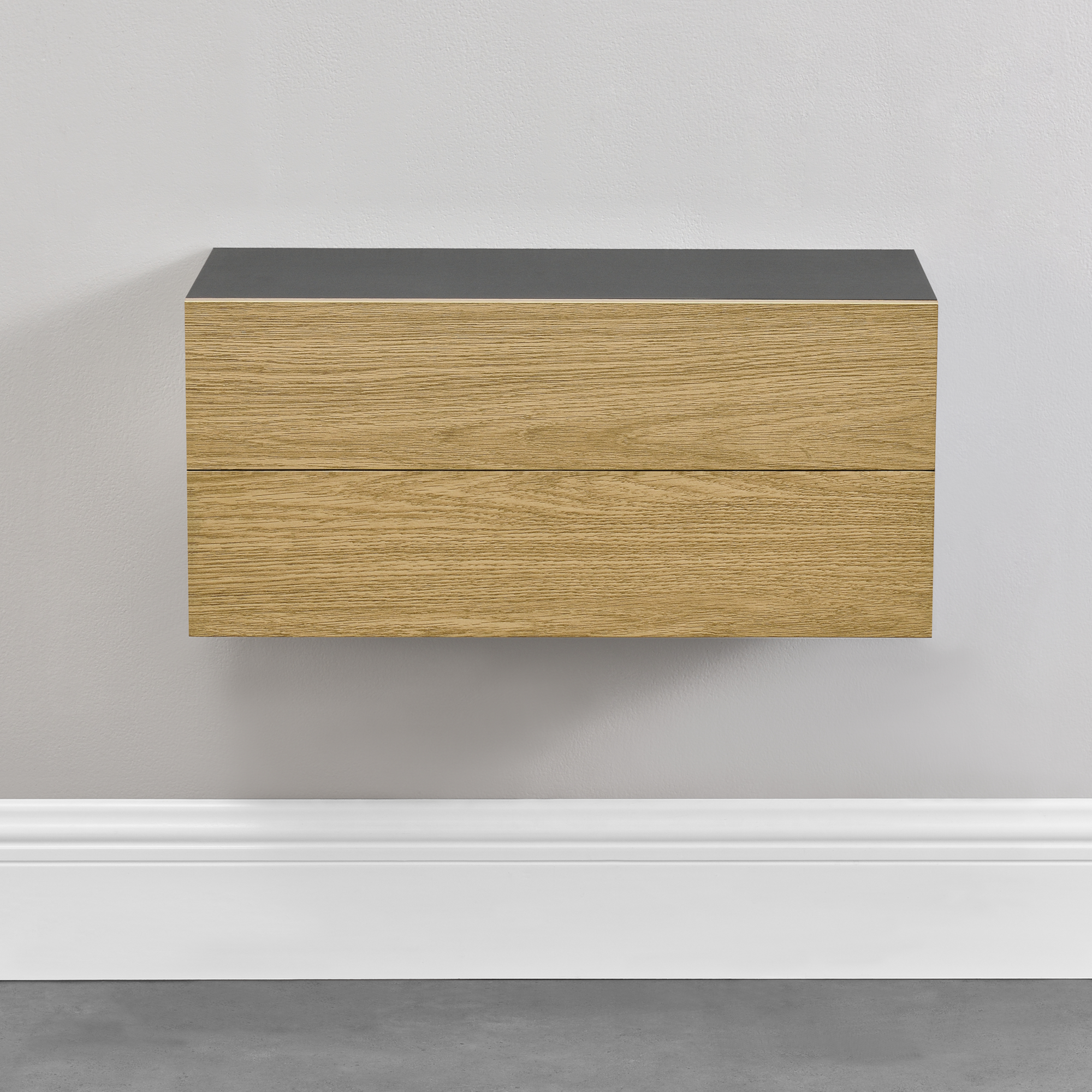 Set 2 rafturi suspendate cu sertar Leknes, negru si lemn, 50x24x12 cm