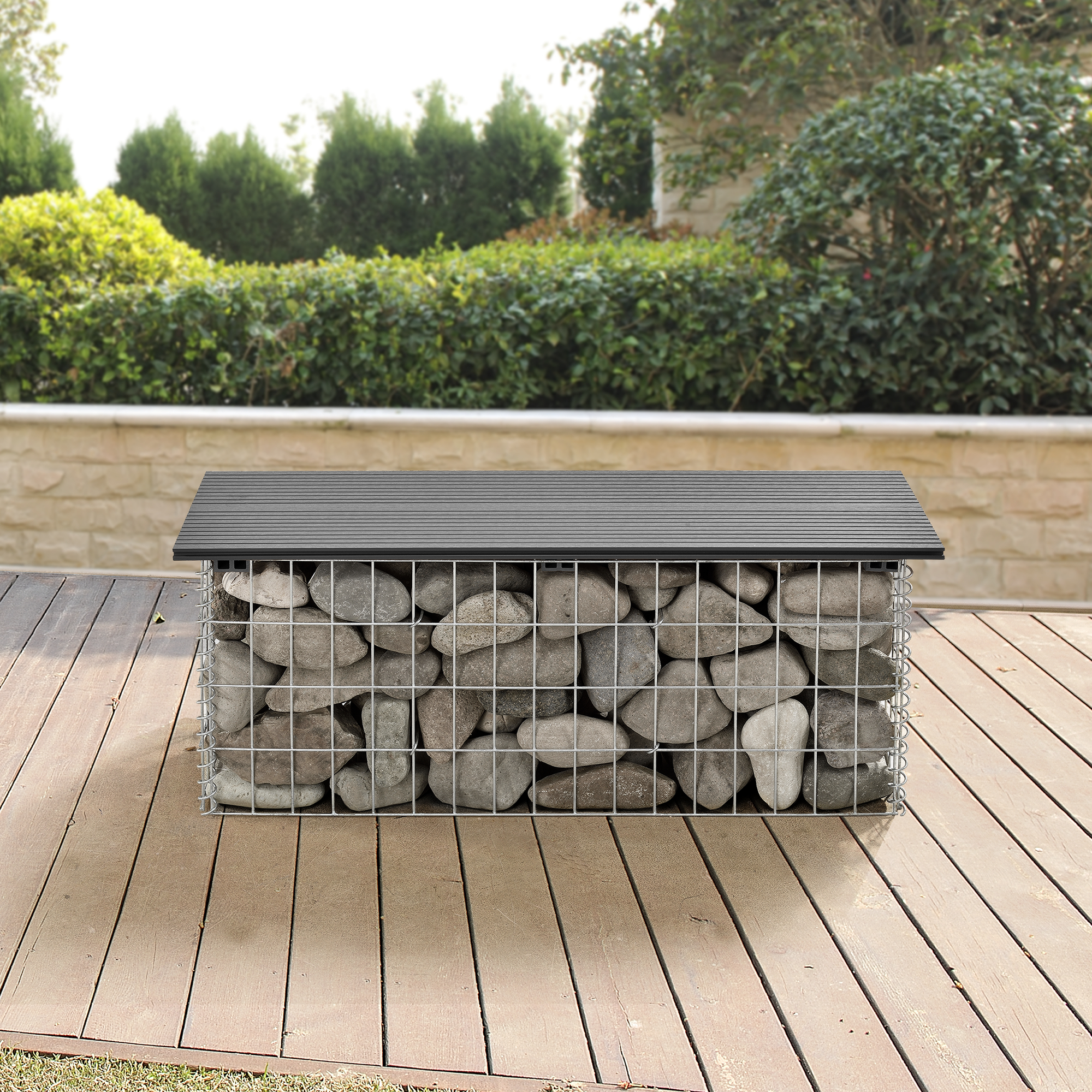 Bancă gabion pentru grădină cu șezut WPC gri 100x30x45 cm pro.tec