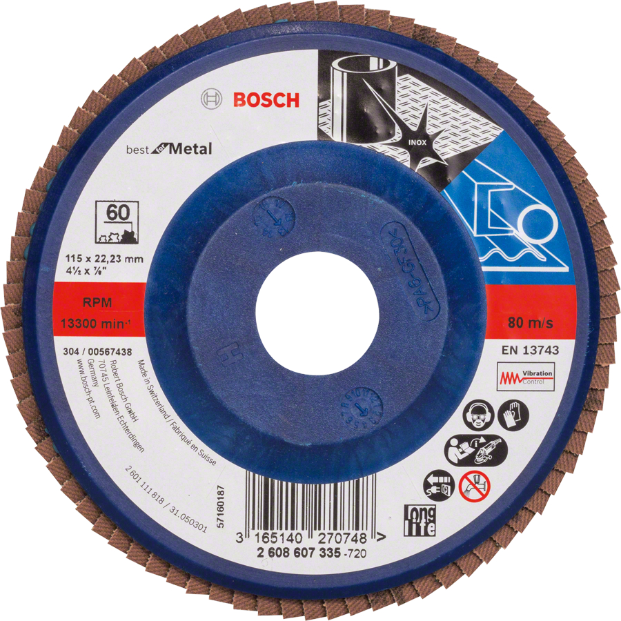Disc evantai Bosch pentru metal, granulație 60, 115 x 22,23 mm