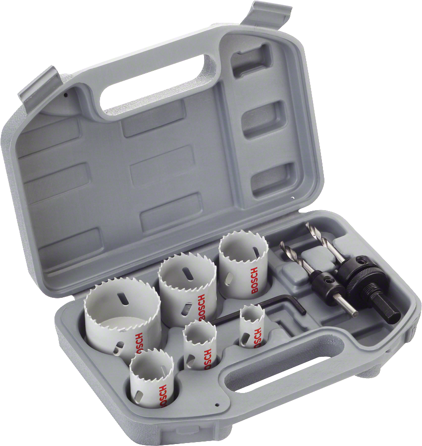 Set carote BiMetal Bosch 9 piese, 20-68 mm, cu adaptoare si cheie
