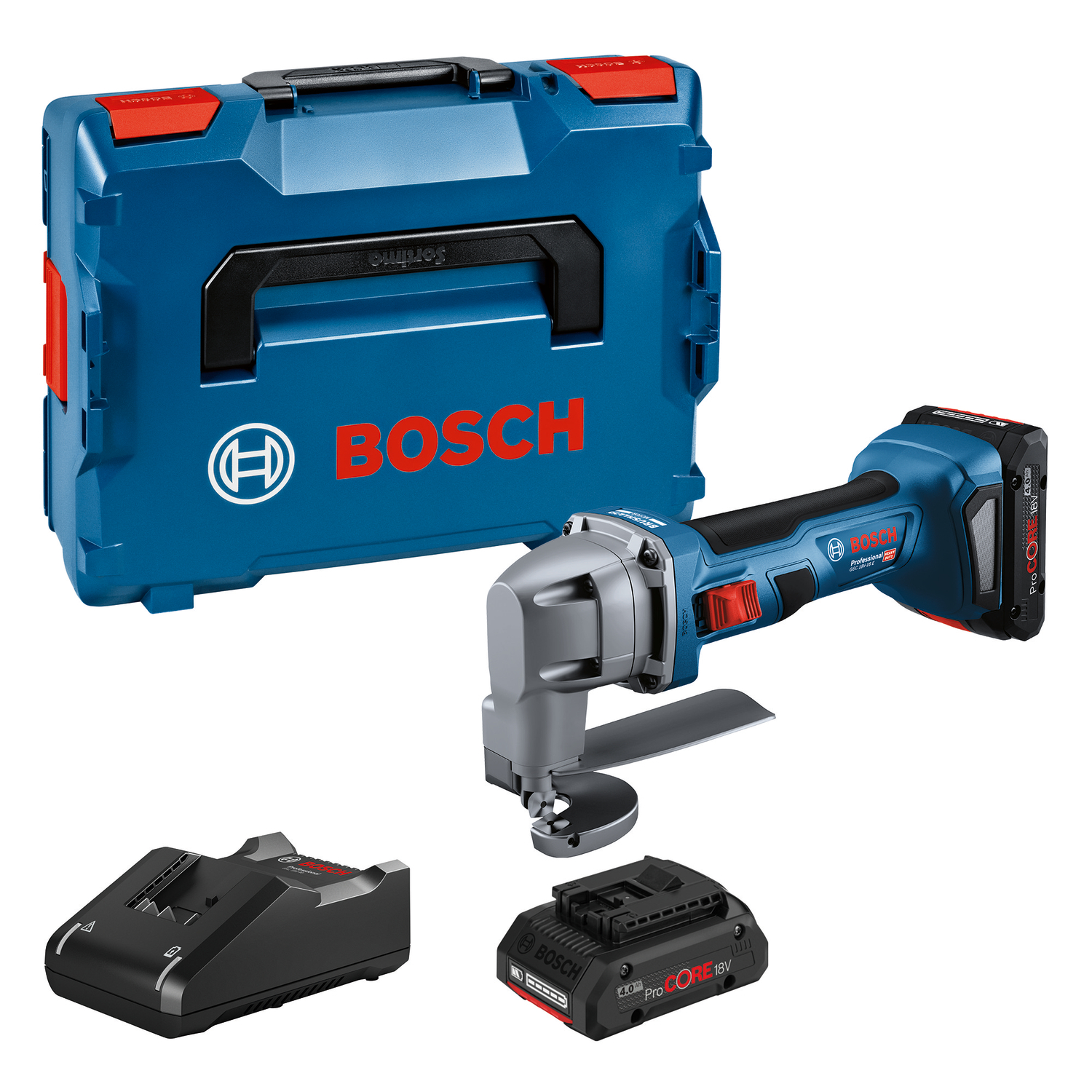 Foarfecă pentru tablă Bosch GSC 18V-16 E cu 2 acumulatori ProCORE, încărcător și L-BOXX