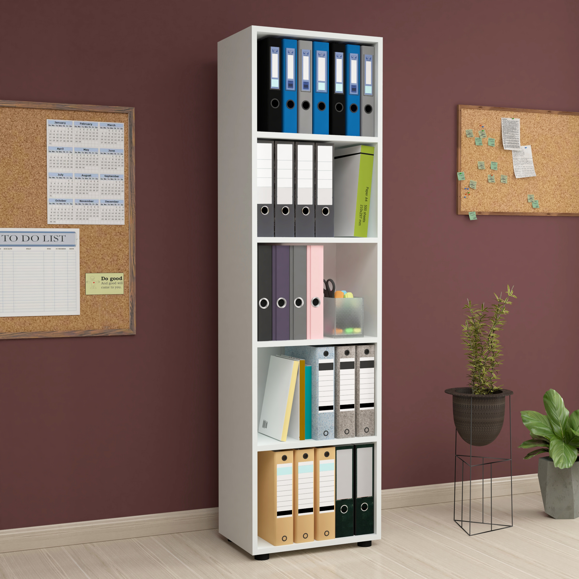 Bibliotecă albă Vara cu 5 rafturi, 178x49x30 cm, pentru living și birou