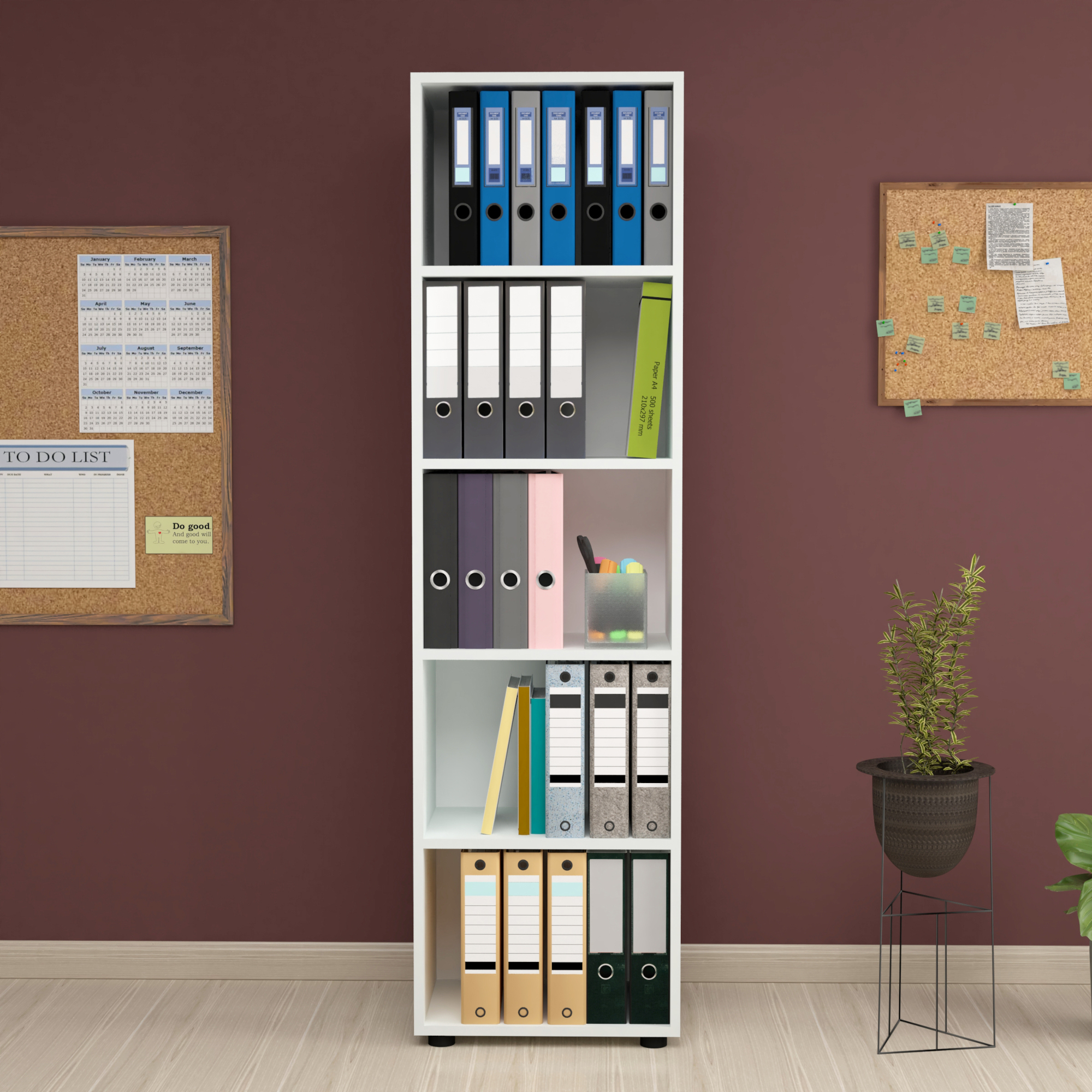 Bibliotecă albă Vara cu 5 rafturi, 178x49x30 cm, pentru living și birou