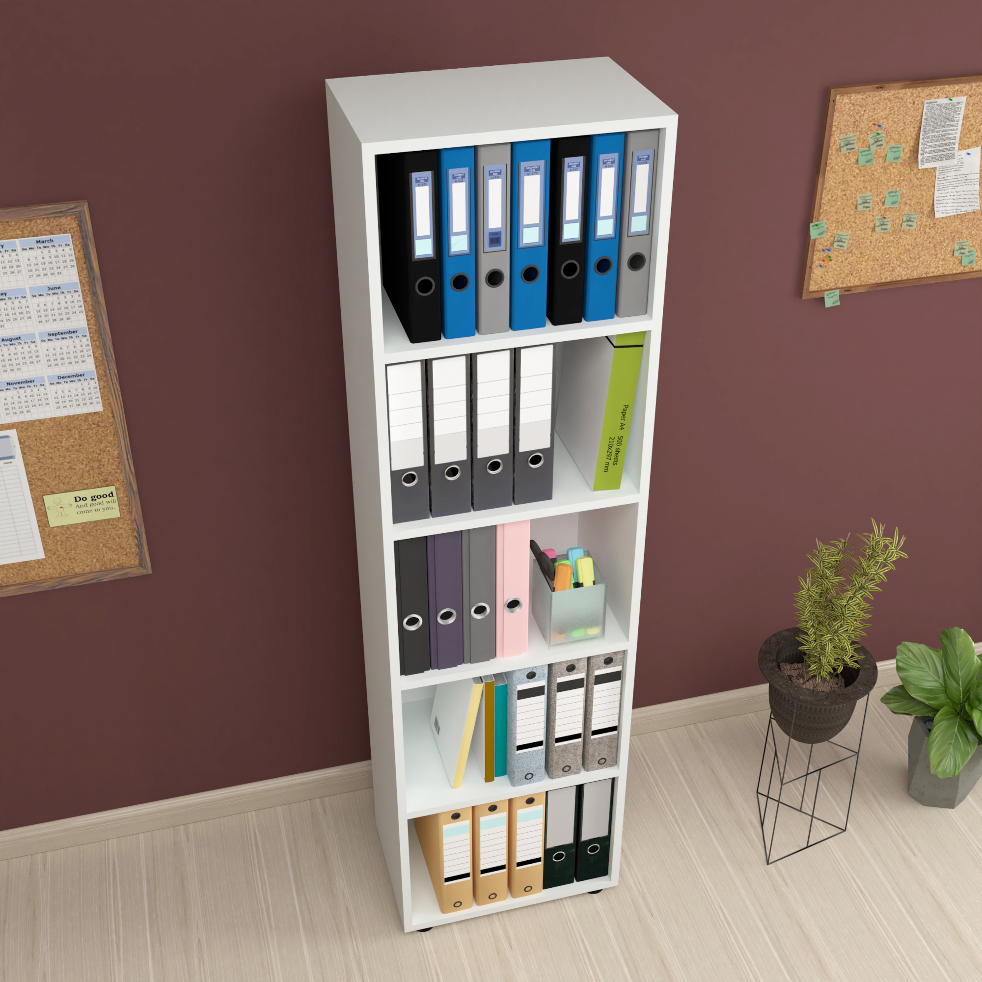 Bibliotecă albă Vara cu 5 rafturi, 178x49x30 cm, pentru living și birou