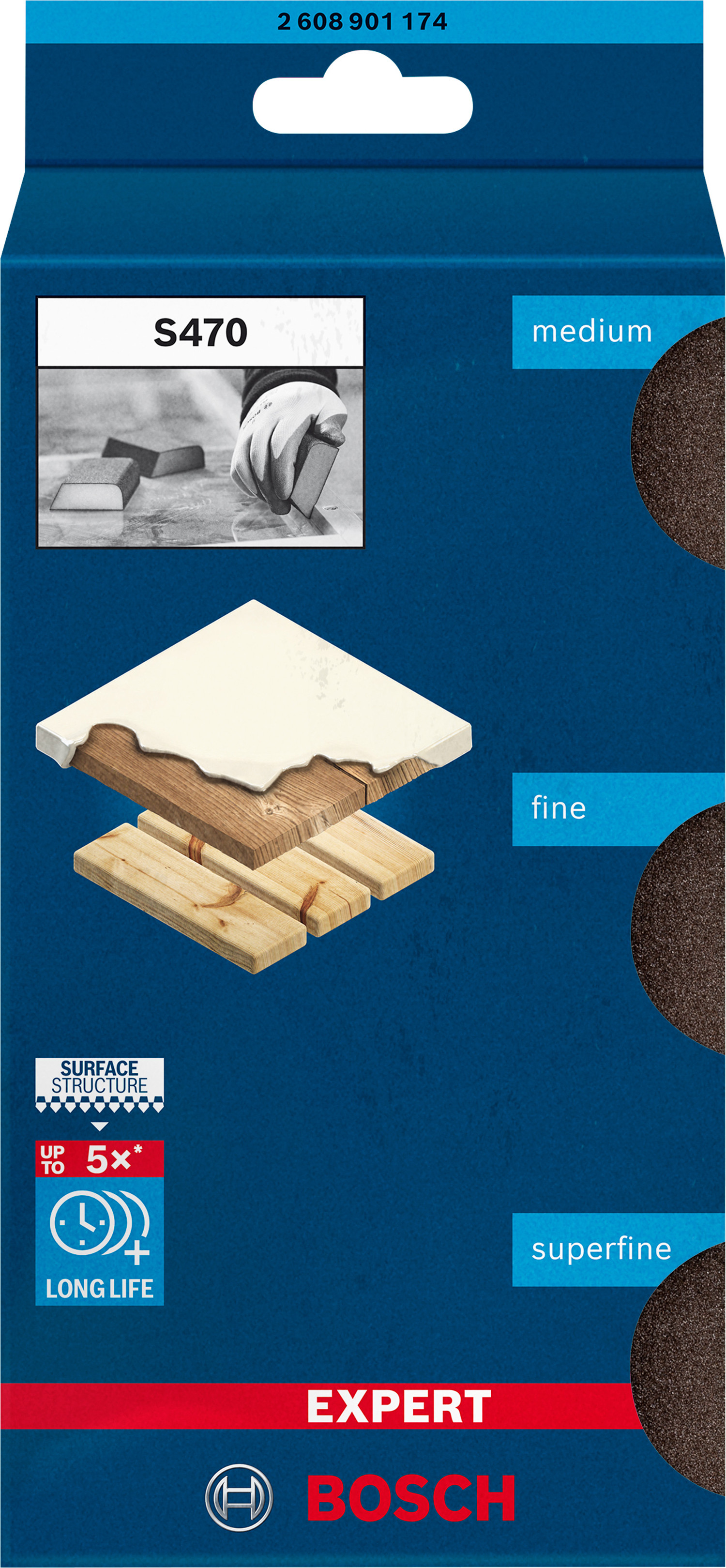 Set 3 bureți abrazivi Bosch EXPERT S470 pentru lemn și vopsea, 69x97x26 mm