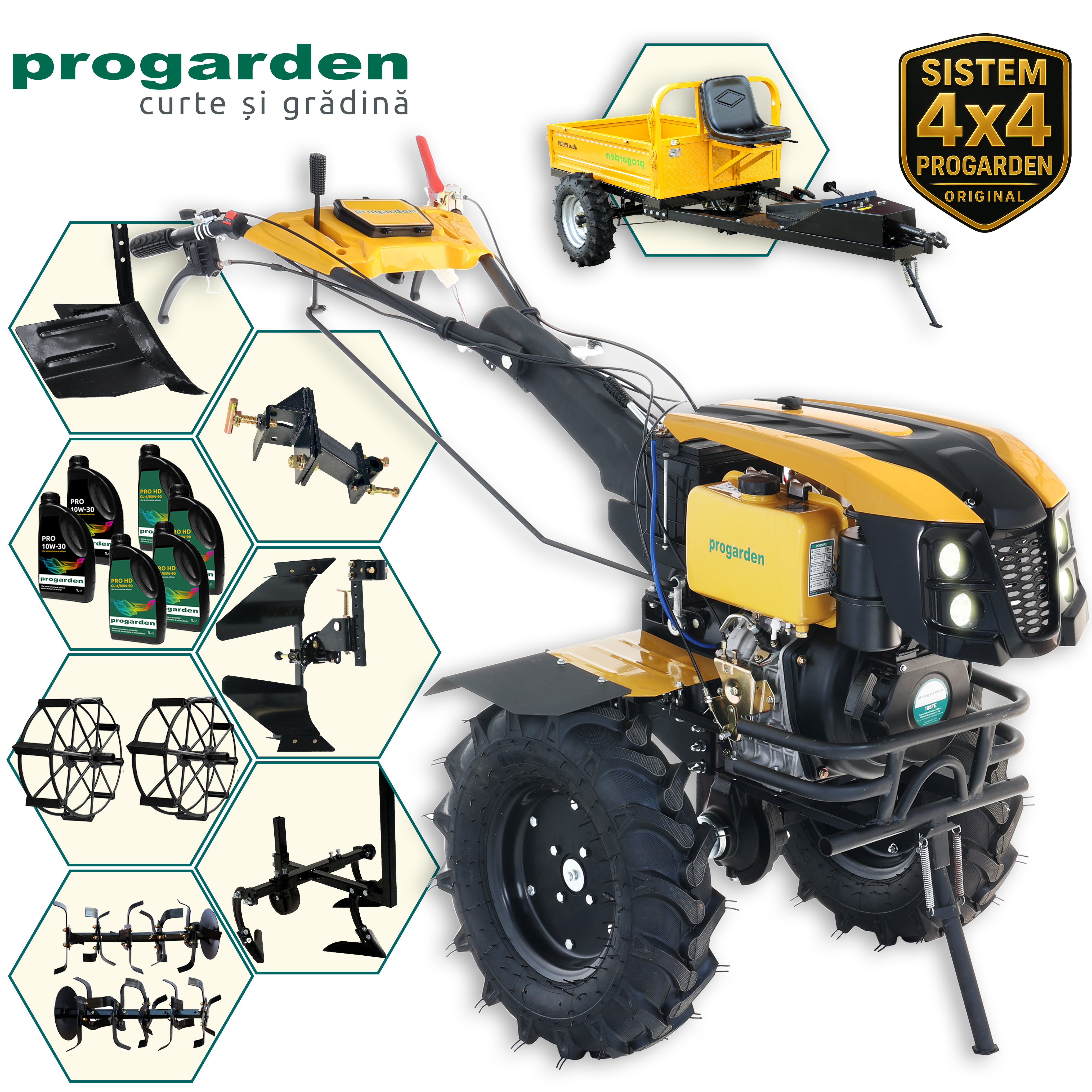 Pachet motocultor diesel ProGARDEN Campo 1273 Alpine V2 12CP cu remorcă