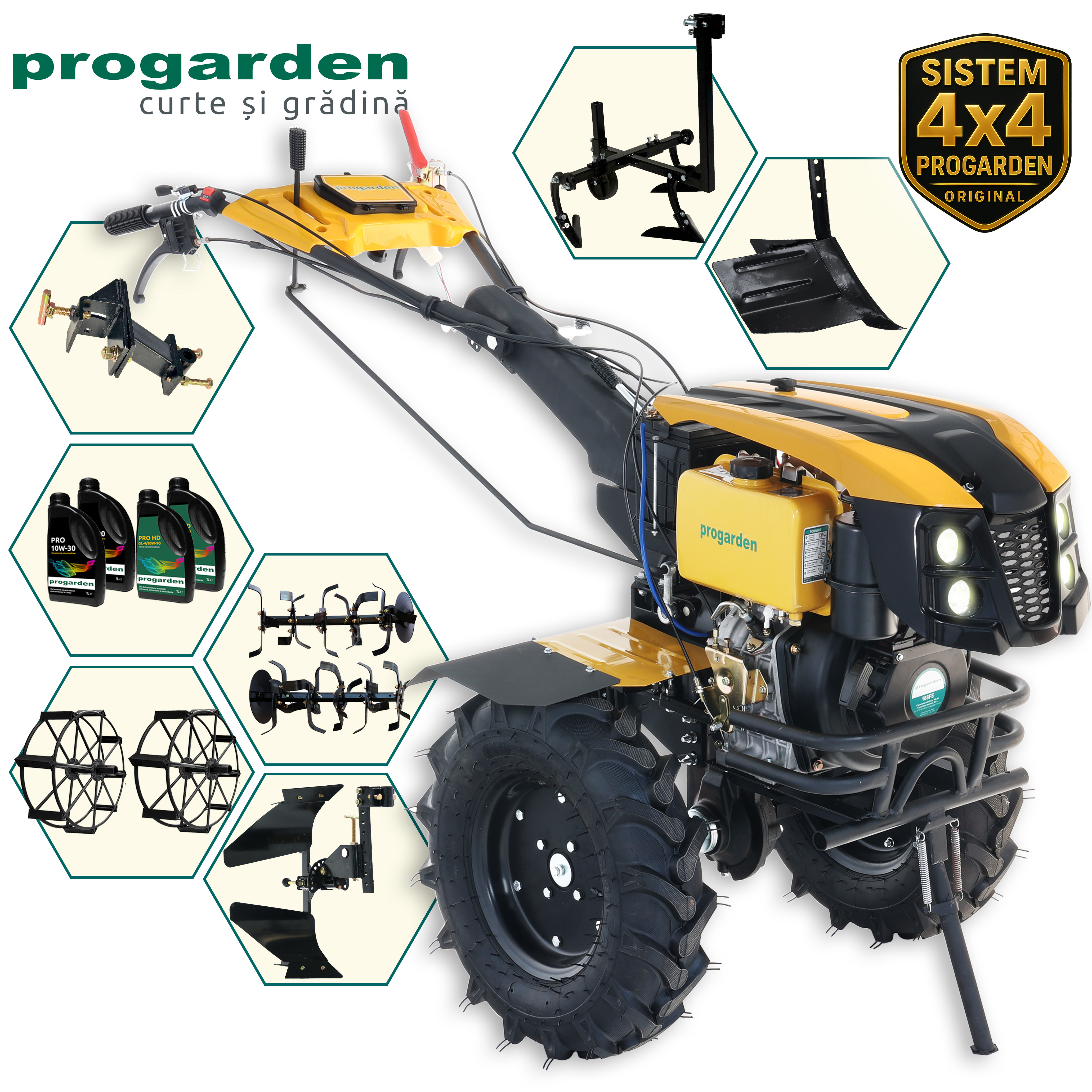 Motocultor diesel ProGARDEN 12CP cu accesorii complete si 4L ulei