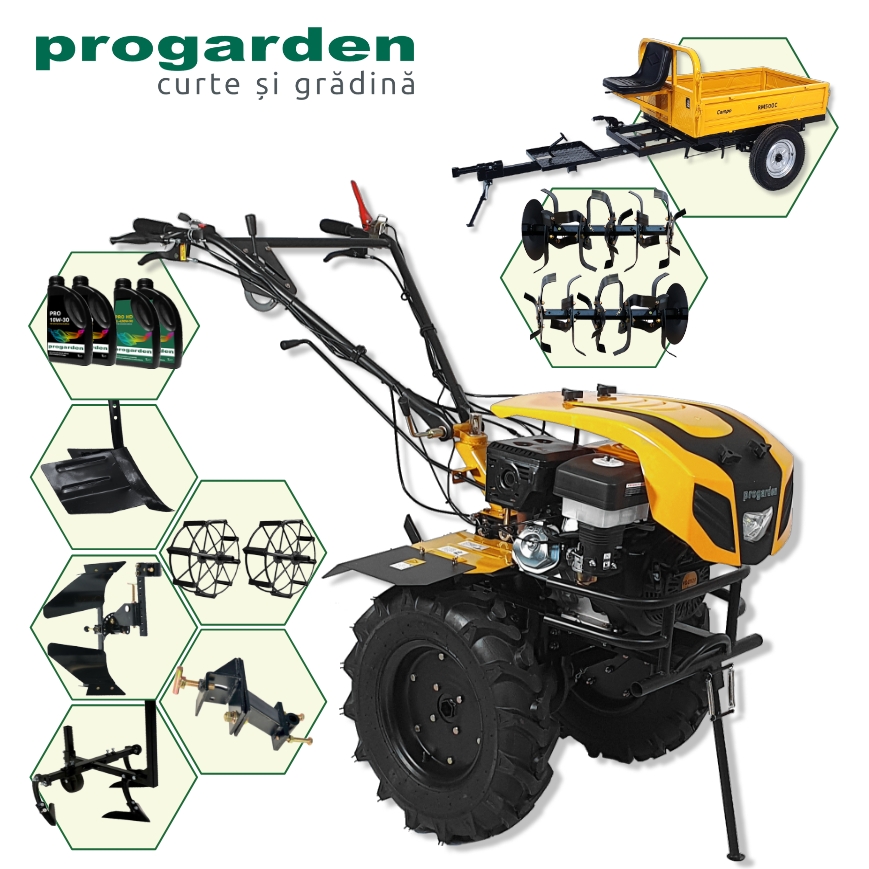 Pachet motocultor ProGARDEN Campo 1844 18CP cu remorca 500 kg si accesorii