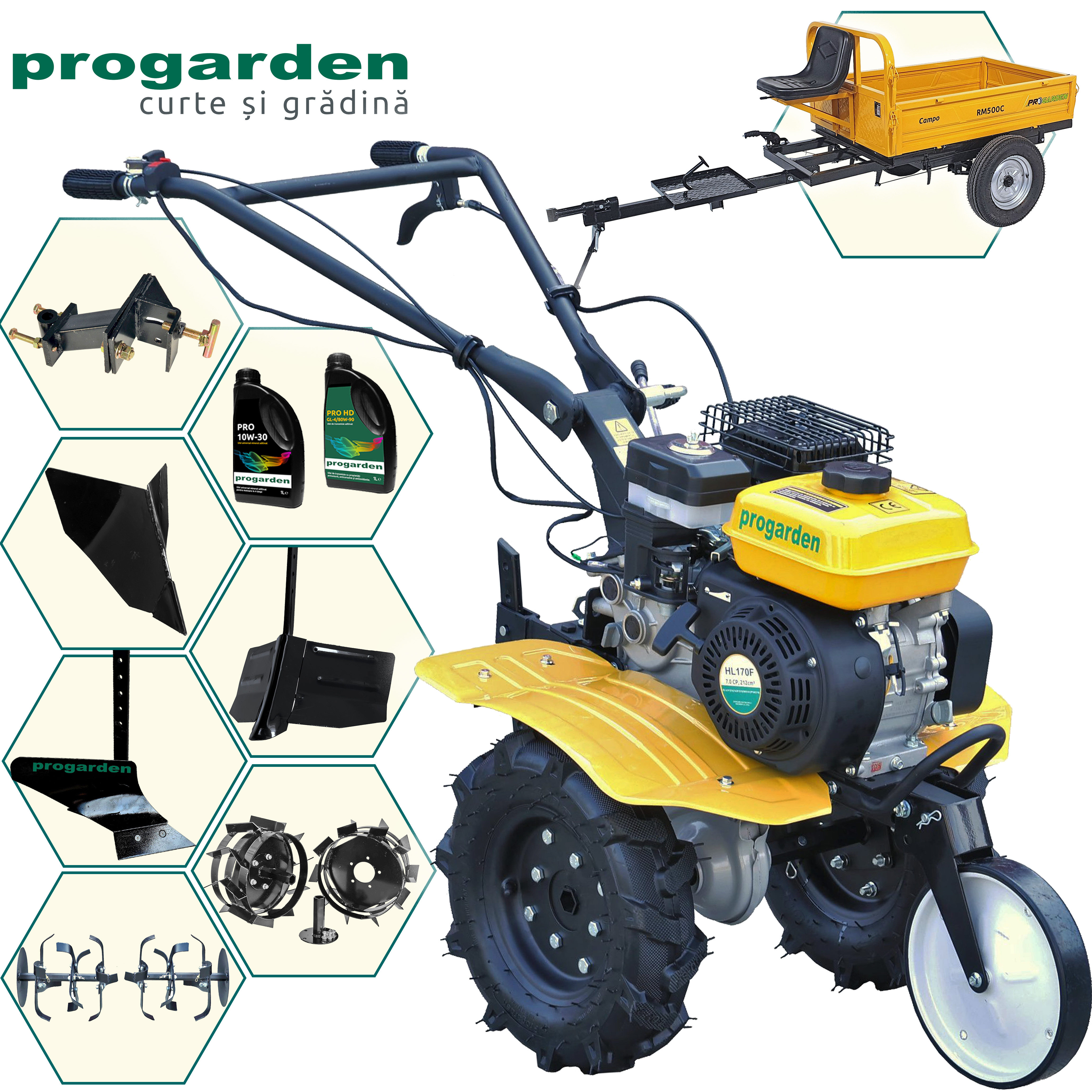 ProGARDEN Pachet Campo 703 Motocultor 7CP + Remorca RM500C + Plug simplu + 2xPlug bilonat/rarita + Adaptor + 2 Roti metalice 350x6 + 2L Ulei