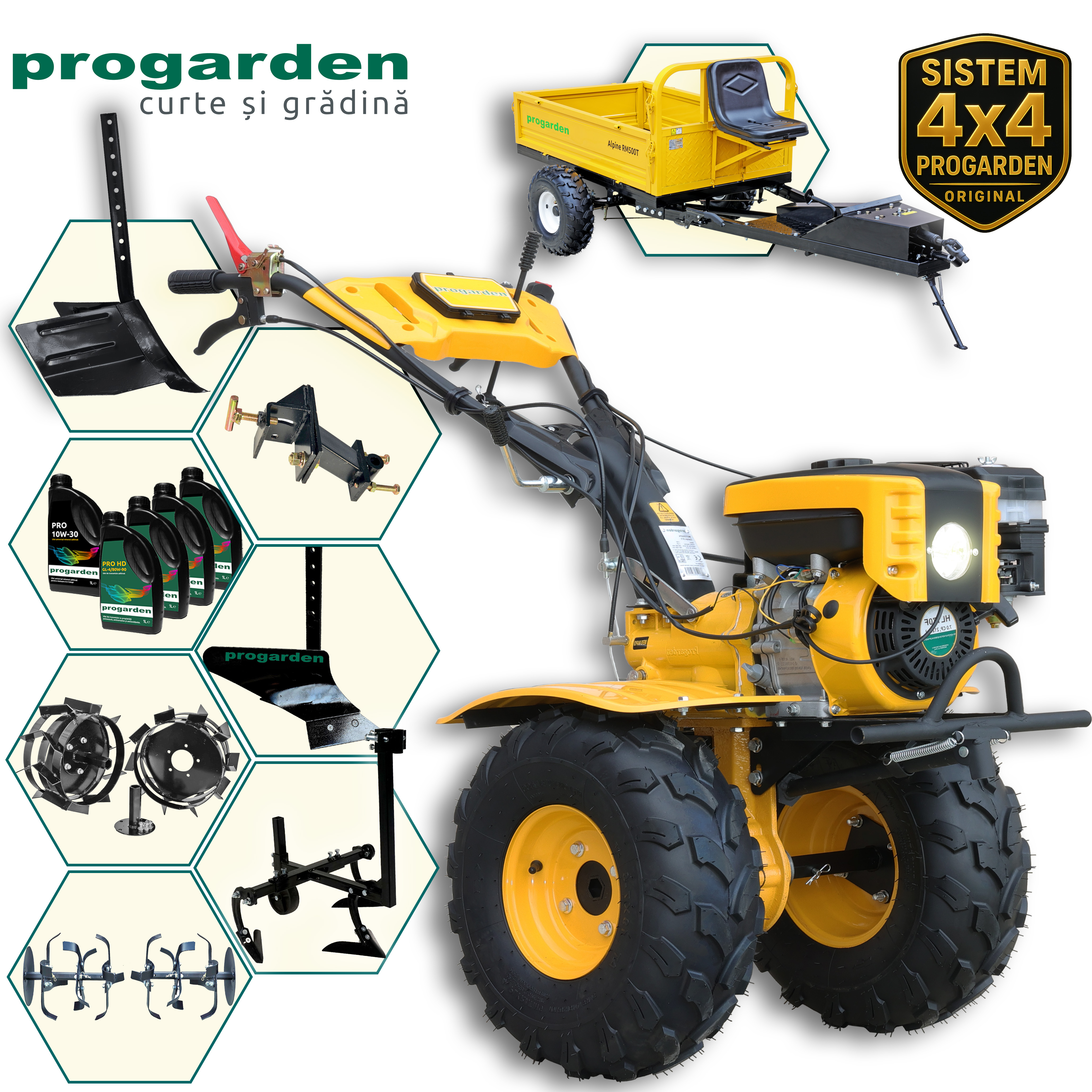 Motocultor ProGARDEN Campo 873 Alpine 7CP cu remorca si accesorii