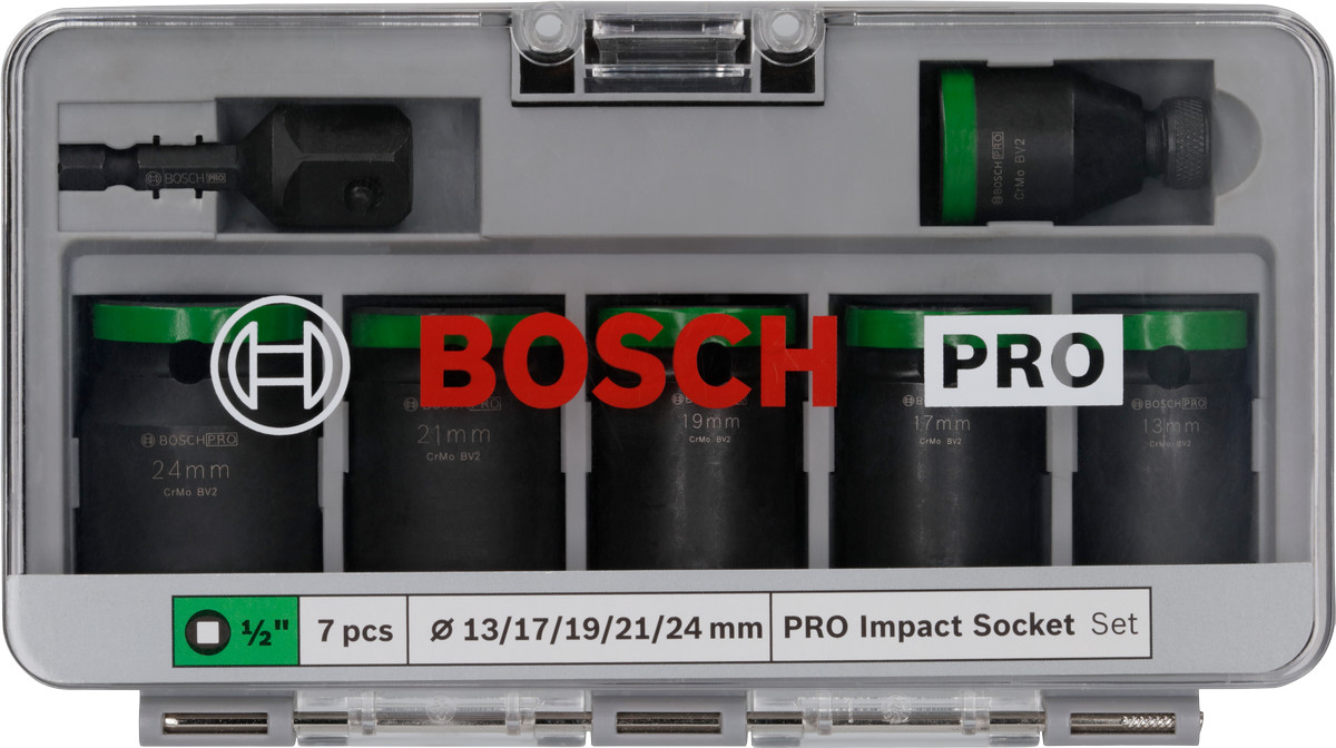 Set tubulare de impact Bosch 1/2 inch, 7 piese, 13-24 mm cu adaptoare