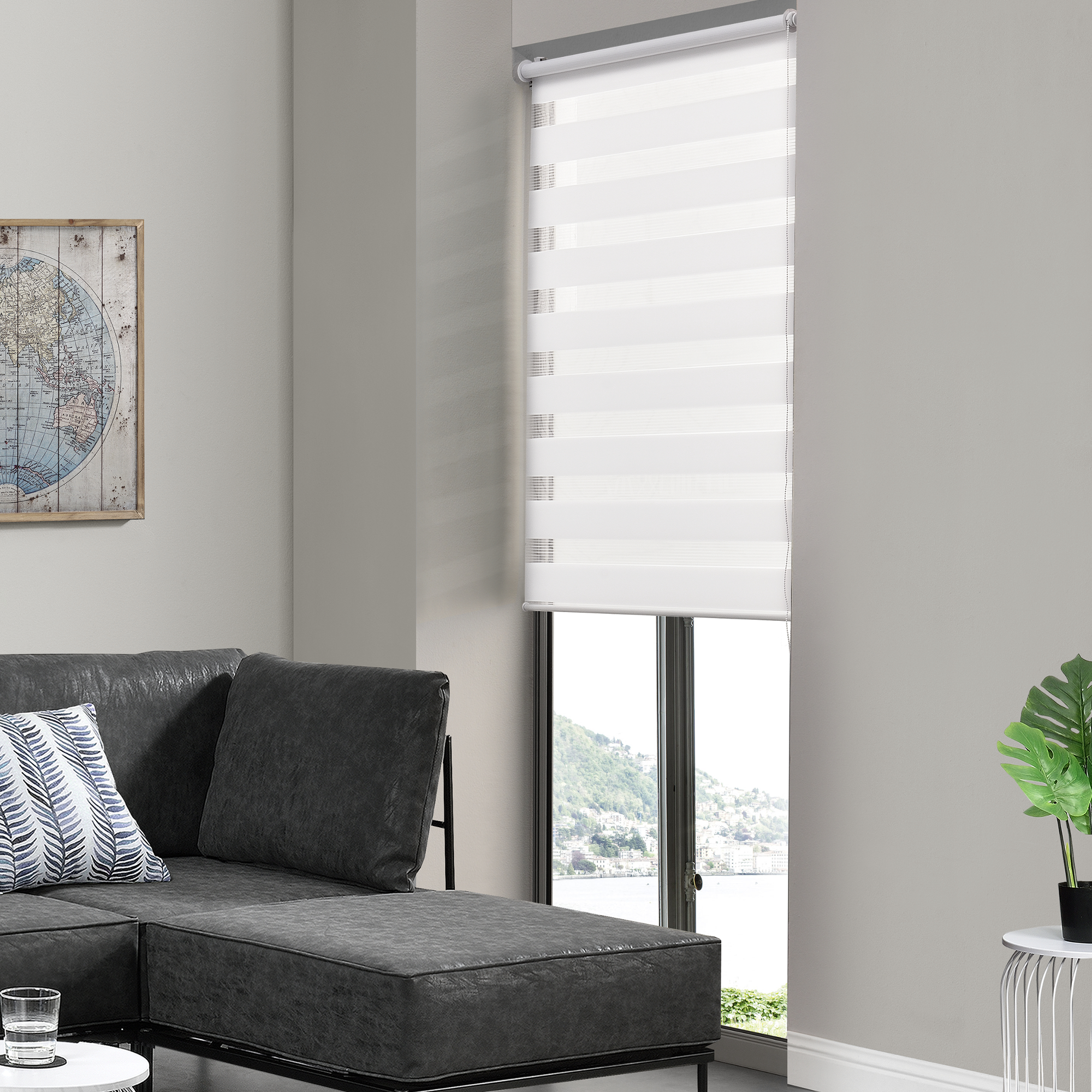 Rulou zebra alb 70x150 cm, dublu, cu montaj fara gaurire