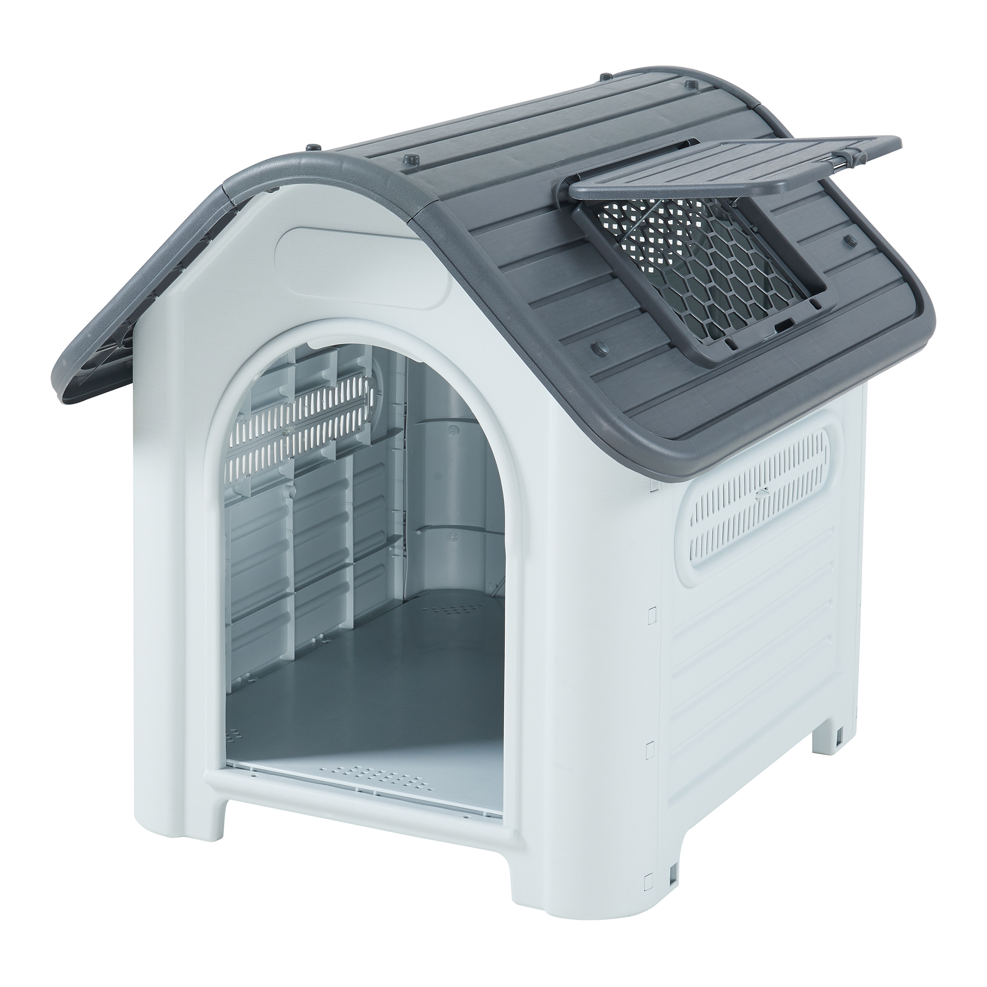 Cusca pentru caini Bello din plastic cu trapa, alb/gri, 87x72x75 cm