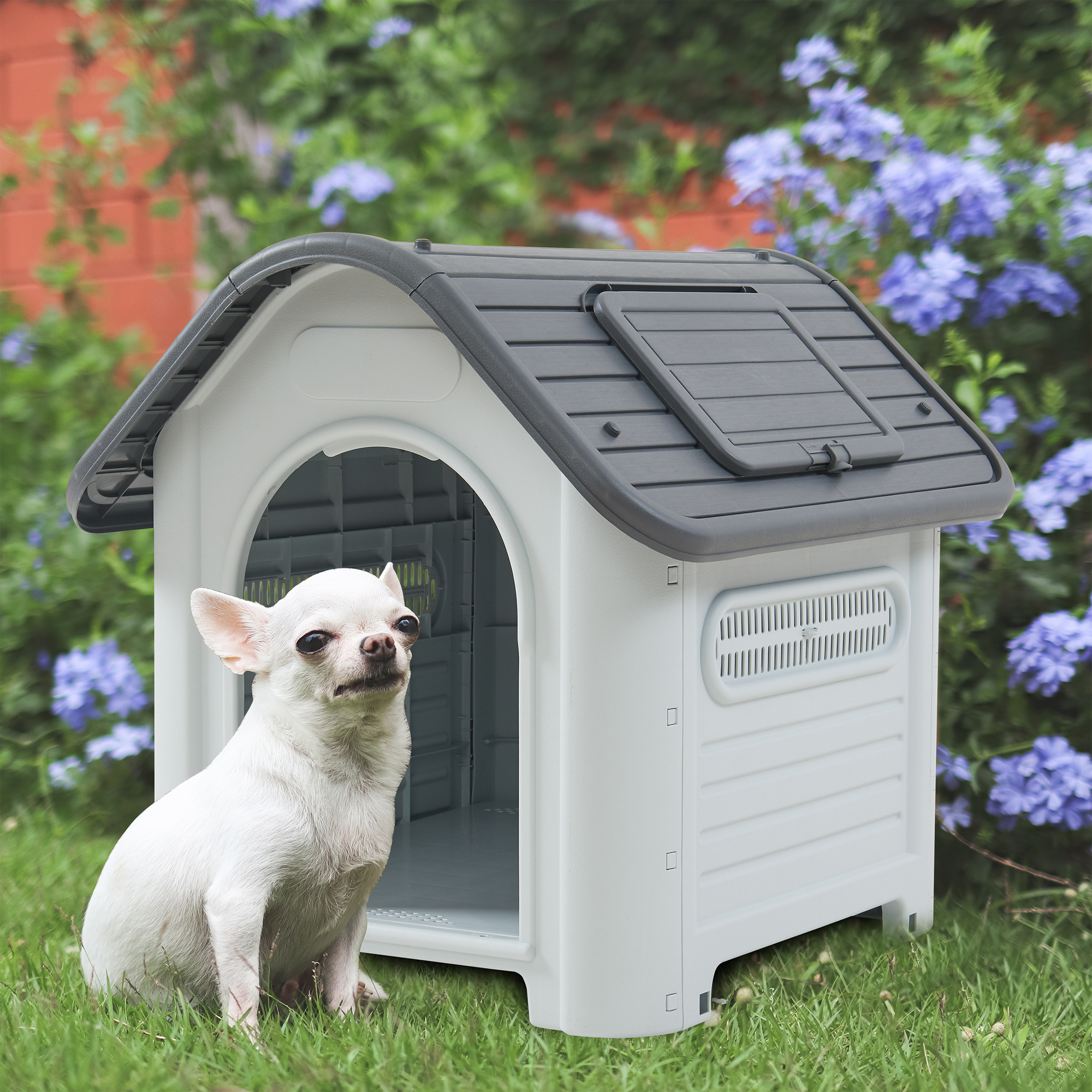 Cusca pentru caini Bello din plastic cu trapa, alb/gri, 87x72x75 cm