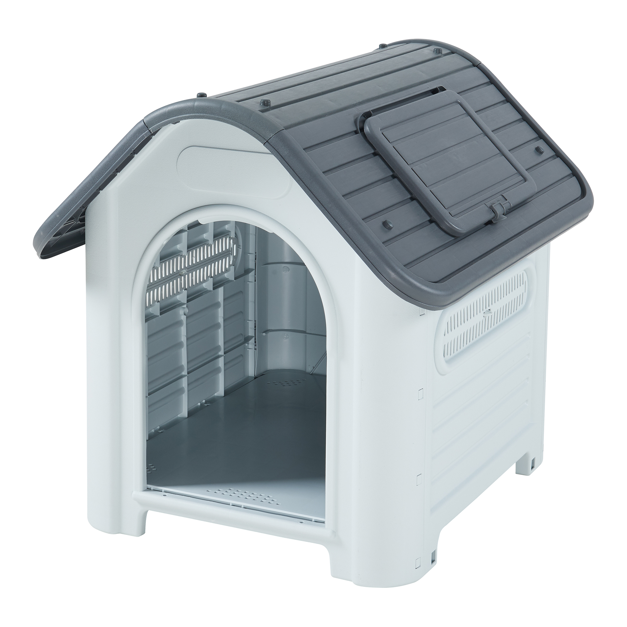 Cusca pentru caini Bello din plastic cu trapa, alb/gri, 87x72x75 cm