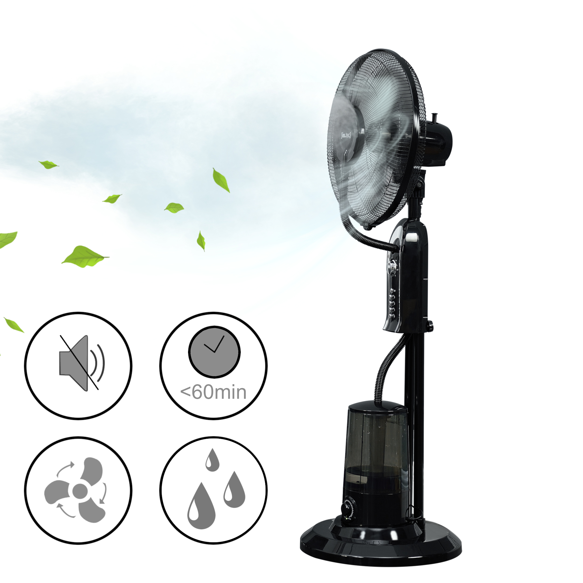 Ventilator cu nebulizare Ninove 75W, 3 viteze, rezervor 3,2L, negru