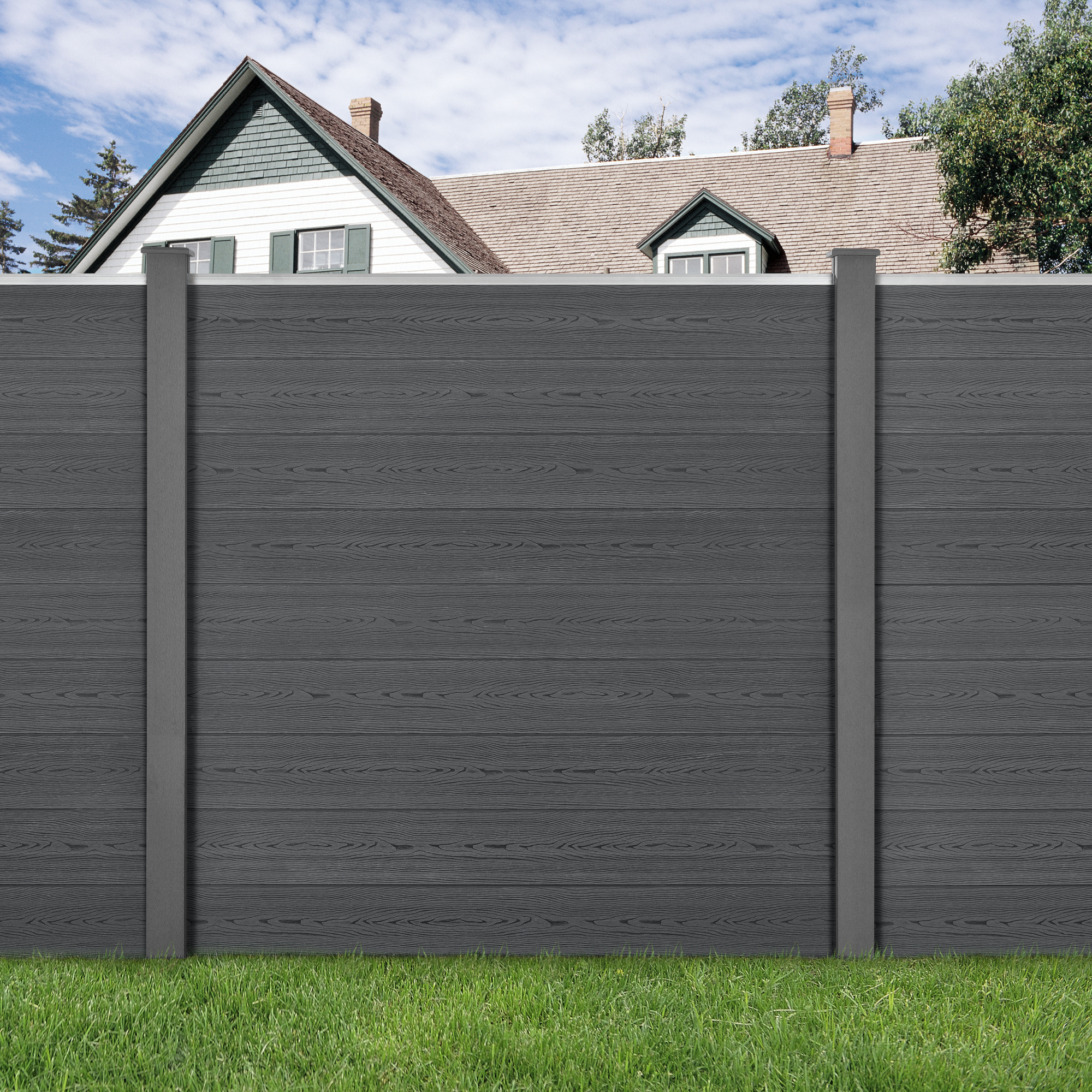 Gard WPC Getafe gri cu stâlpi, 183x705 cm, pentru grădină și intimitate