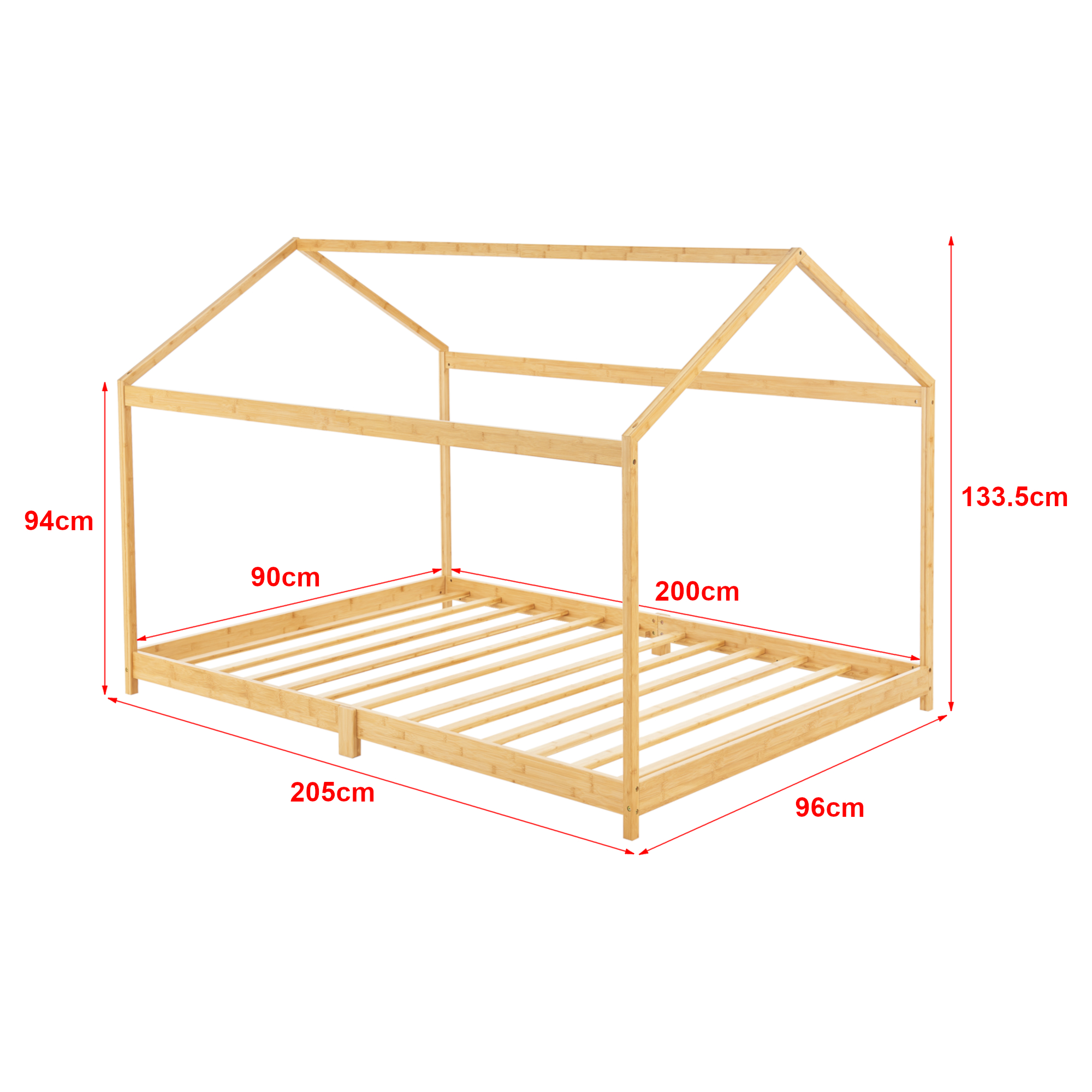 Pat pentru copii tip căsuță 90x200 cm din bambus cu saltea inclusă