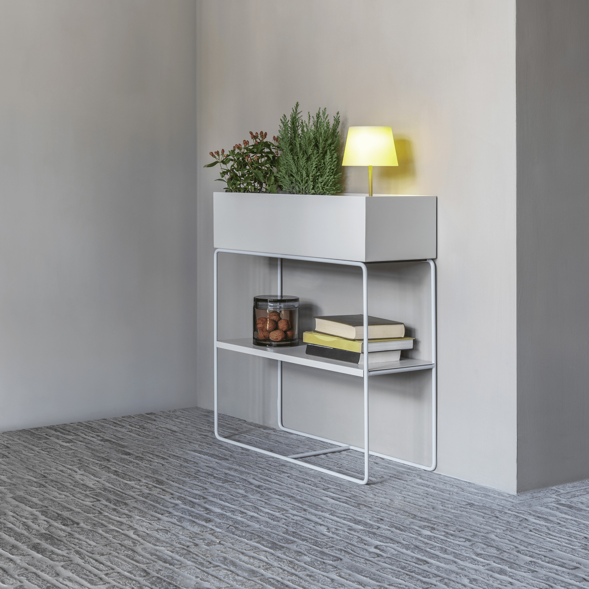 Consolă metalică gri deschis cu poliță detașabilă 71,5x65x24 cm