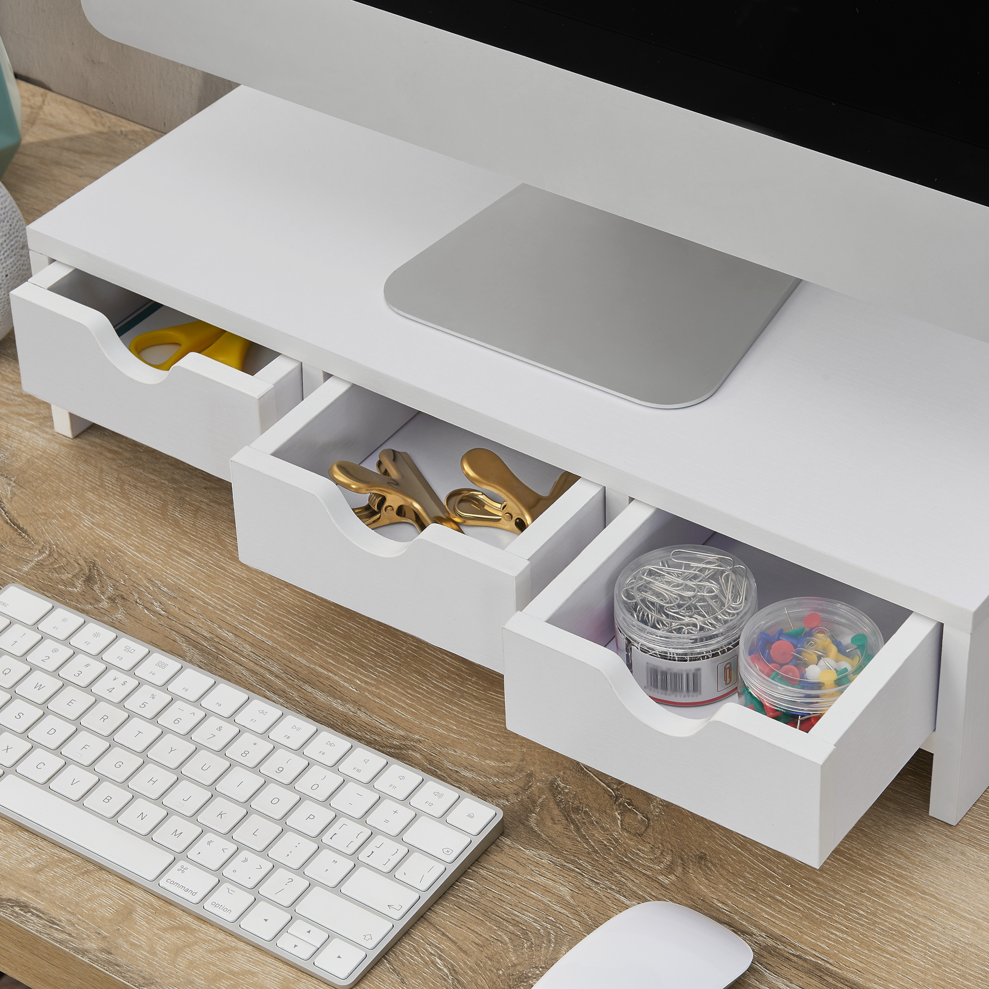 Suport monitor alb ergonomic cu 3 sertare Ruovesi 51x25 cm