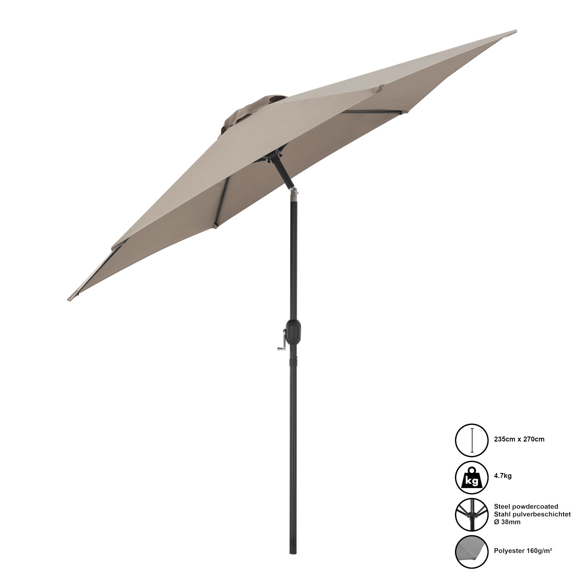 Umbrelă de grădină Altino cu articulație de înclinare, khaki, 270 cm