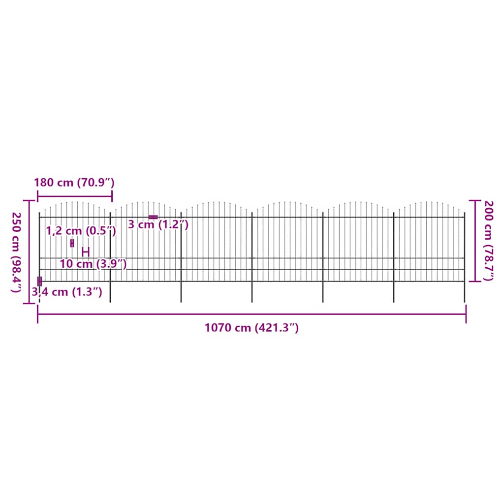 Gard de grădină cu vârf tip suliță din oțel 1070x200 cm, negru GartenMobel Dekor
