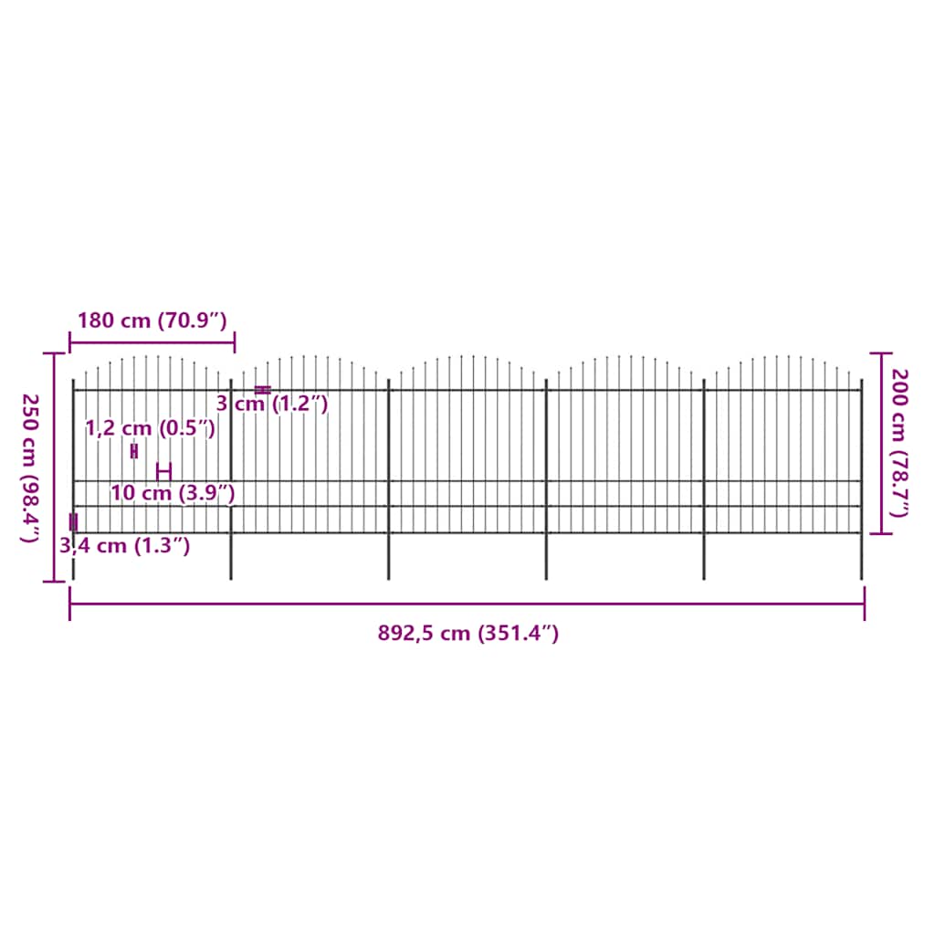 Gard de grădină cu vârf tip suliță din oțel 892,5x200 cm, negru GartenMobel Dekor