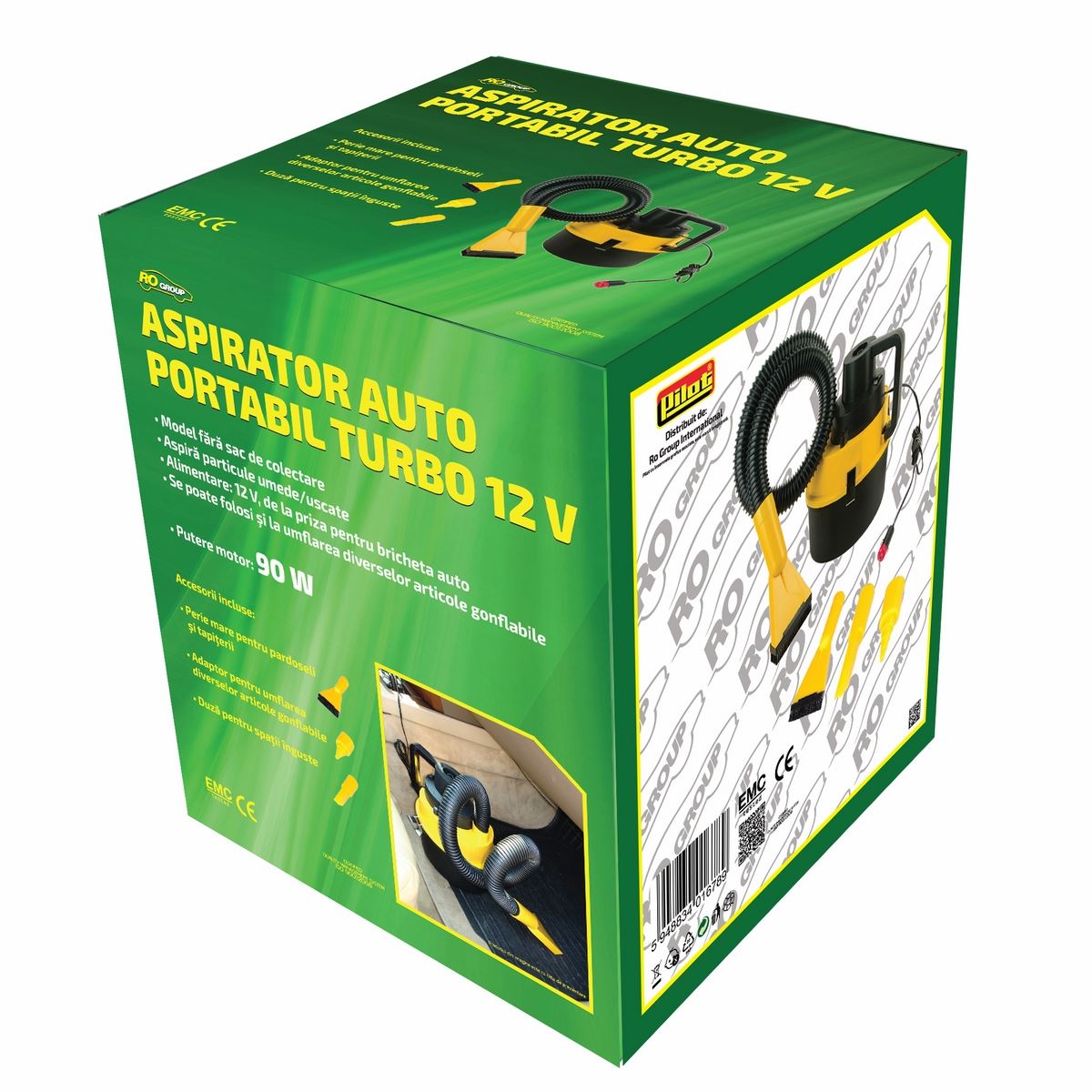 Aspirator auto RoGroup 12V 90W cu funcție aspirare și umflare