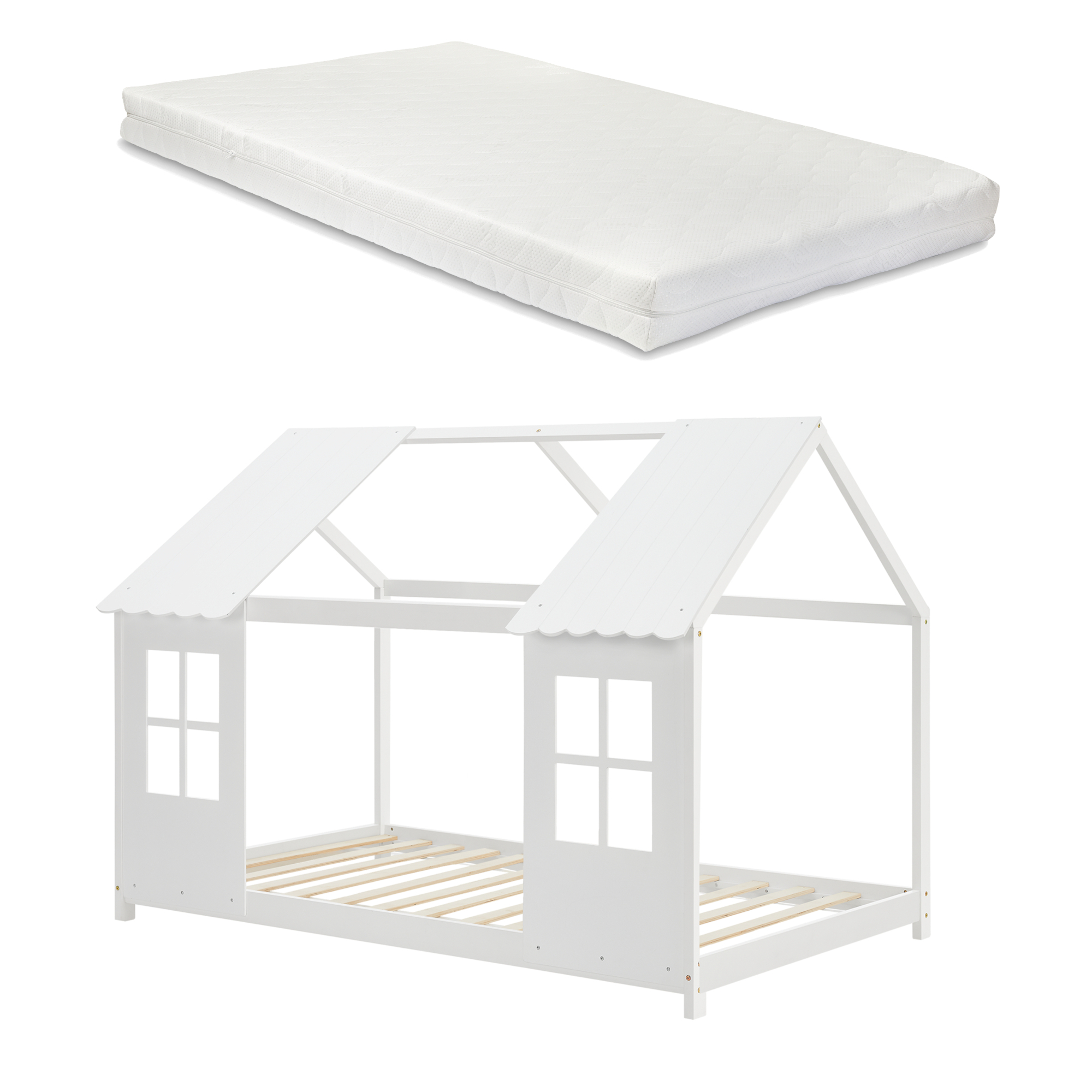 Pat copii tip căsuță Tostedt cu saltea 90x200 cm, alb