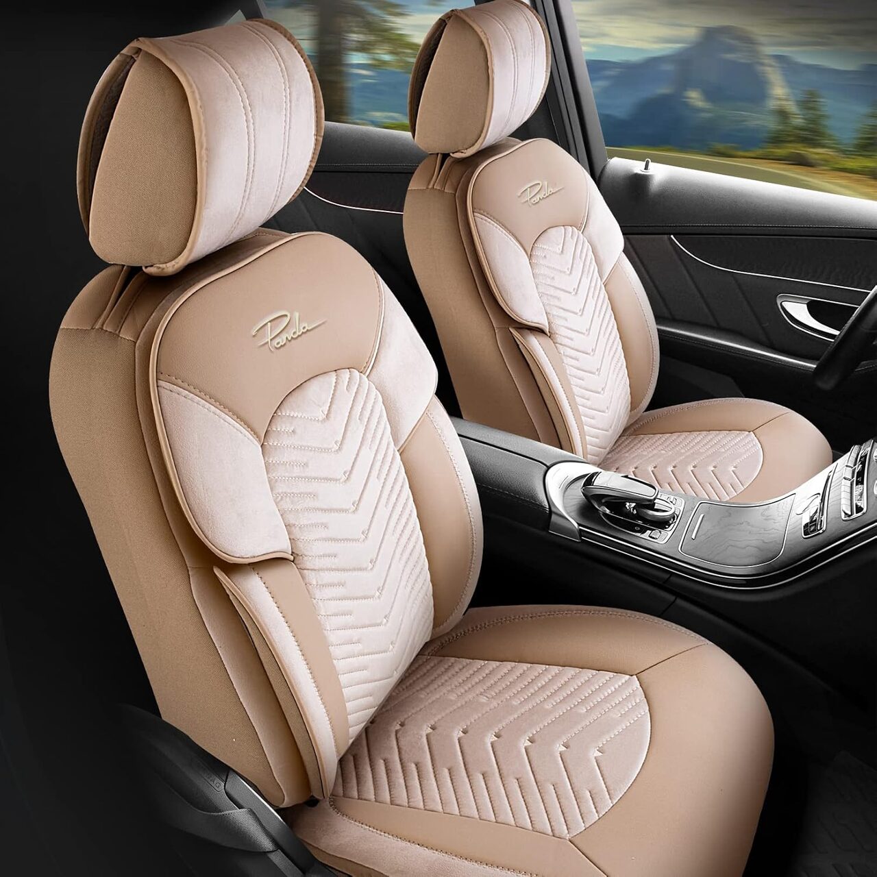 Set huse scaune auto Panda Dubai bej, textil si piele ecologica, 11 piese