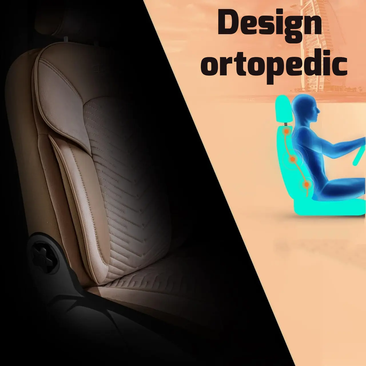 Set huse scaune auto Panda Dubai bej, textil si piele ecologica, 11 piese