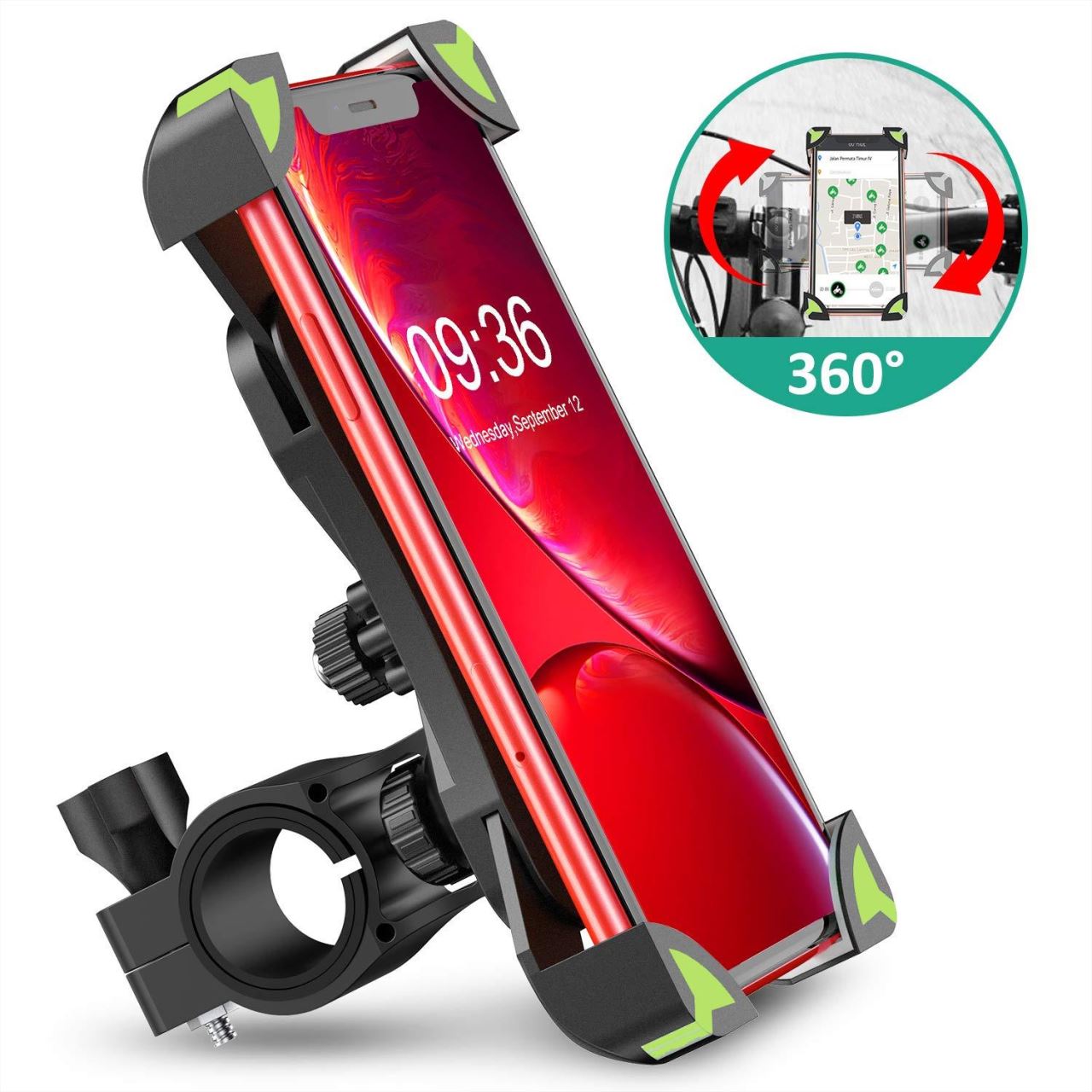 Suport telefon Siegbert pentru bicicletă și motocicletă, rotire 360°, negru-verde
