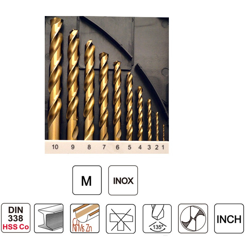 Set 10 burghie pentru metal HSS-Co cu cobalt 1-10 mm, Kendo