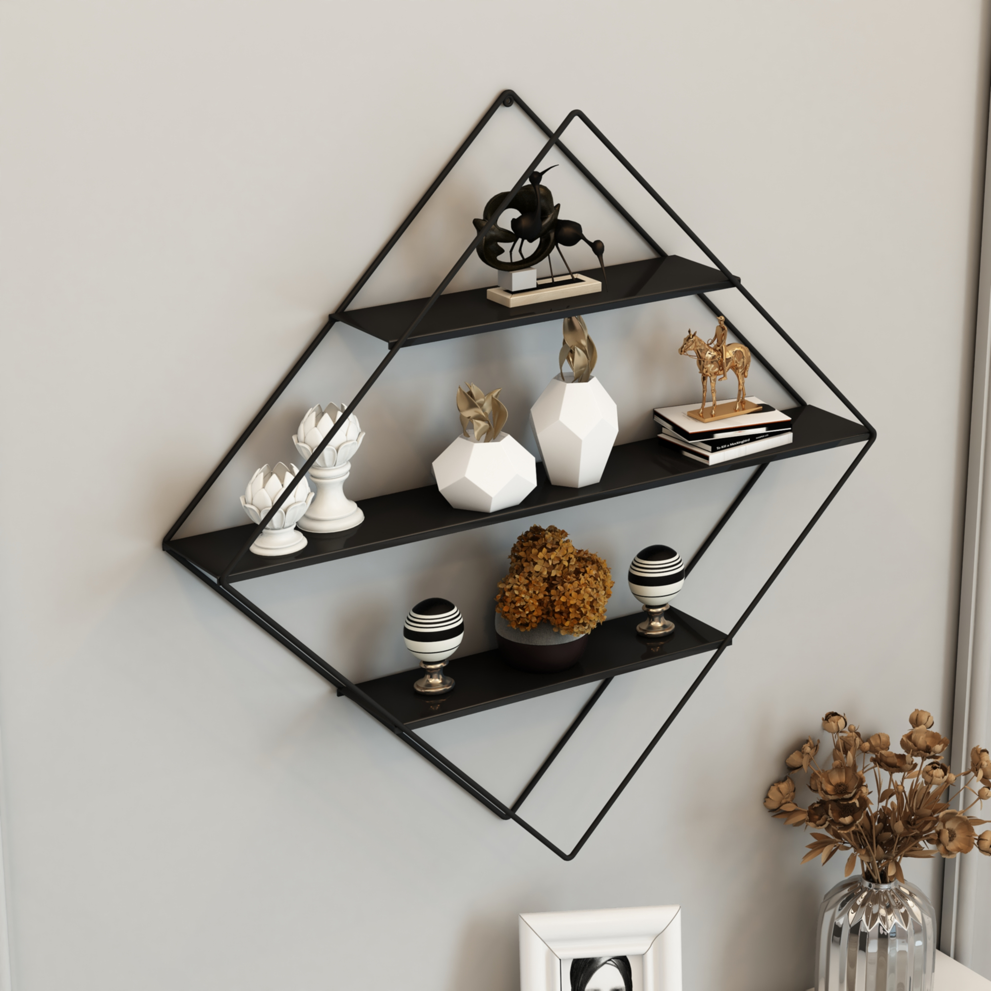 Raft de perete metalic tip romb cu 3 polite, negru, 50x9x66 cm