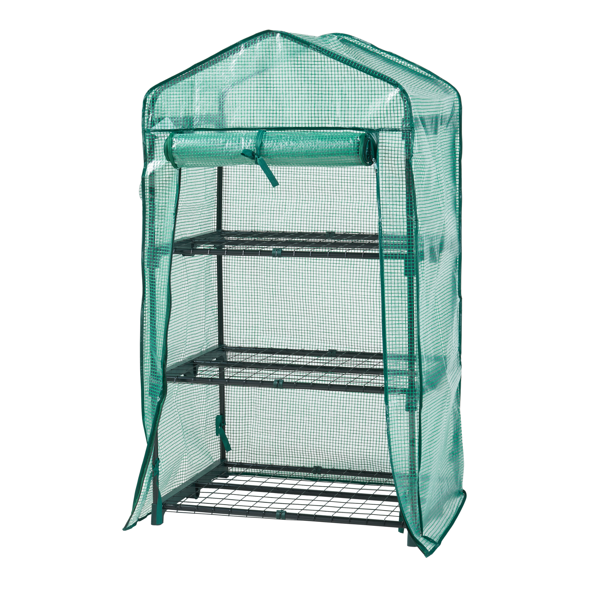 Mini sera de gradina cu 3 rafturi si usa rulabila 125x69x49 cm verde