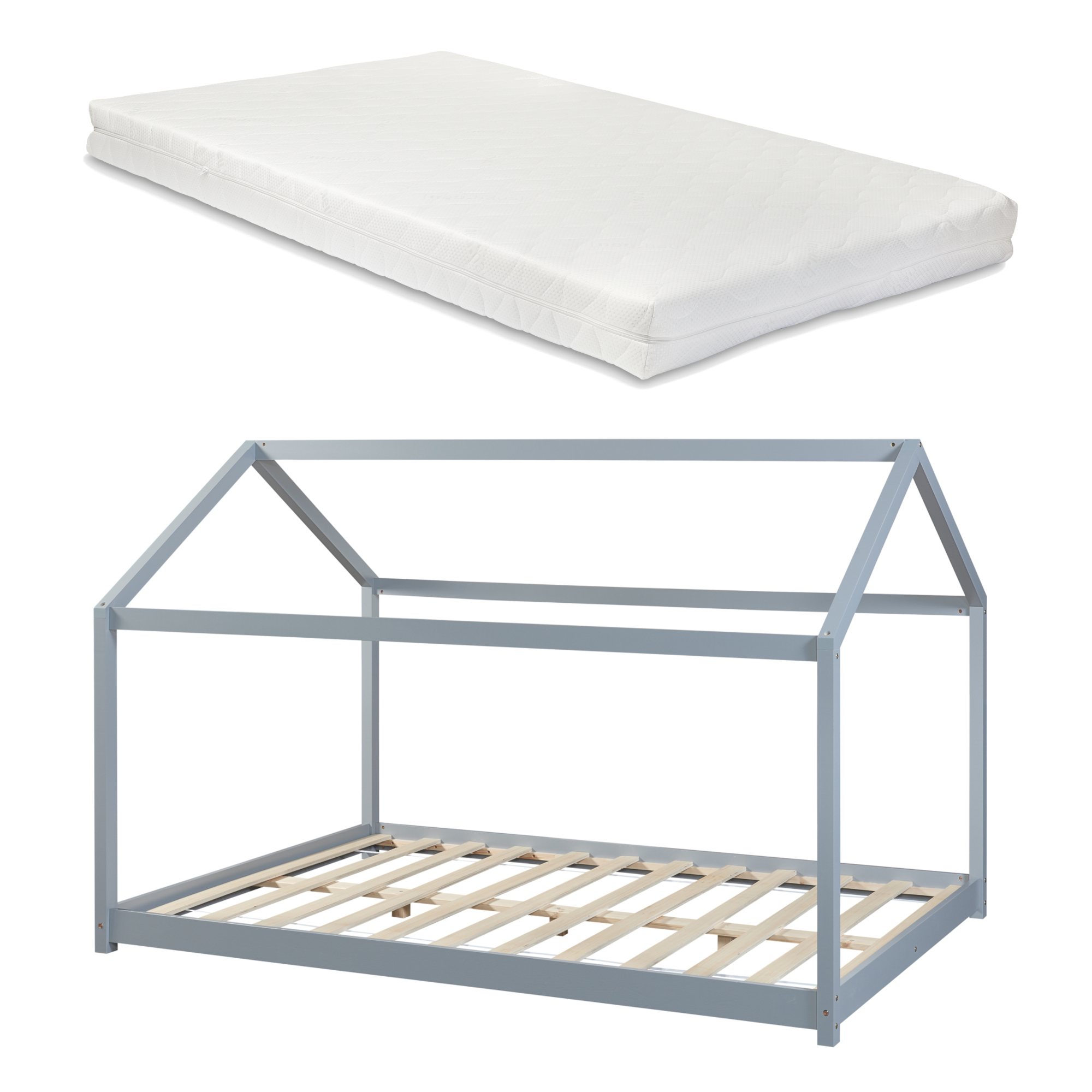 Pat copii tip căsuță Cerro 140x200 cm gri cu saltea inclusă