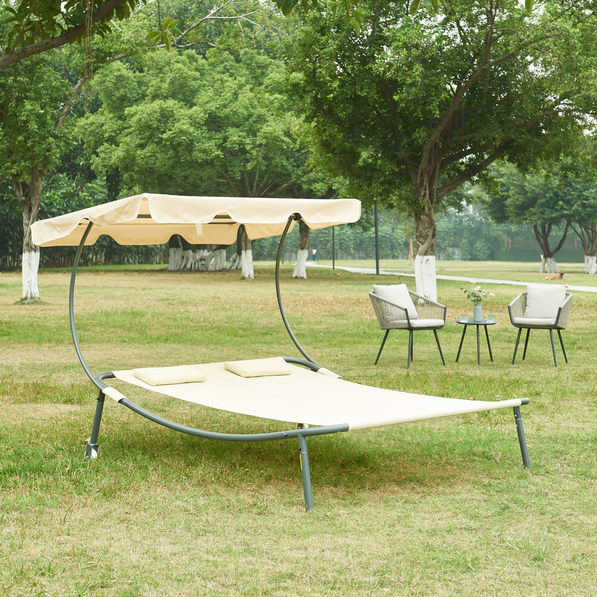 Șezlong dublu de grădină cu acoperiș reglabil Avigliano, bej