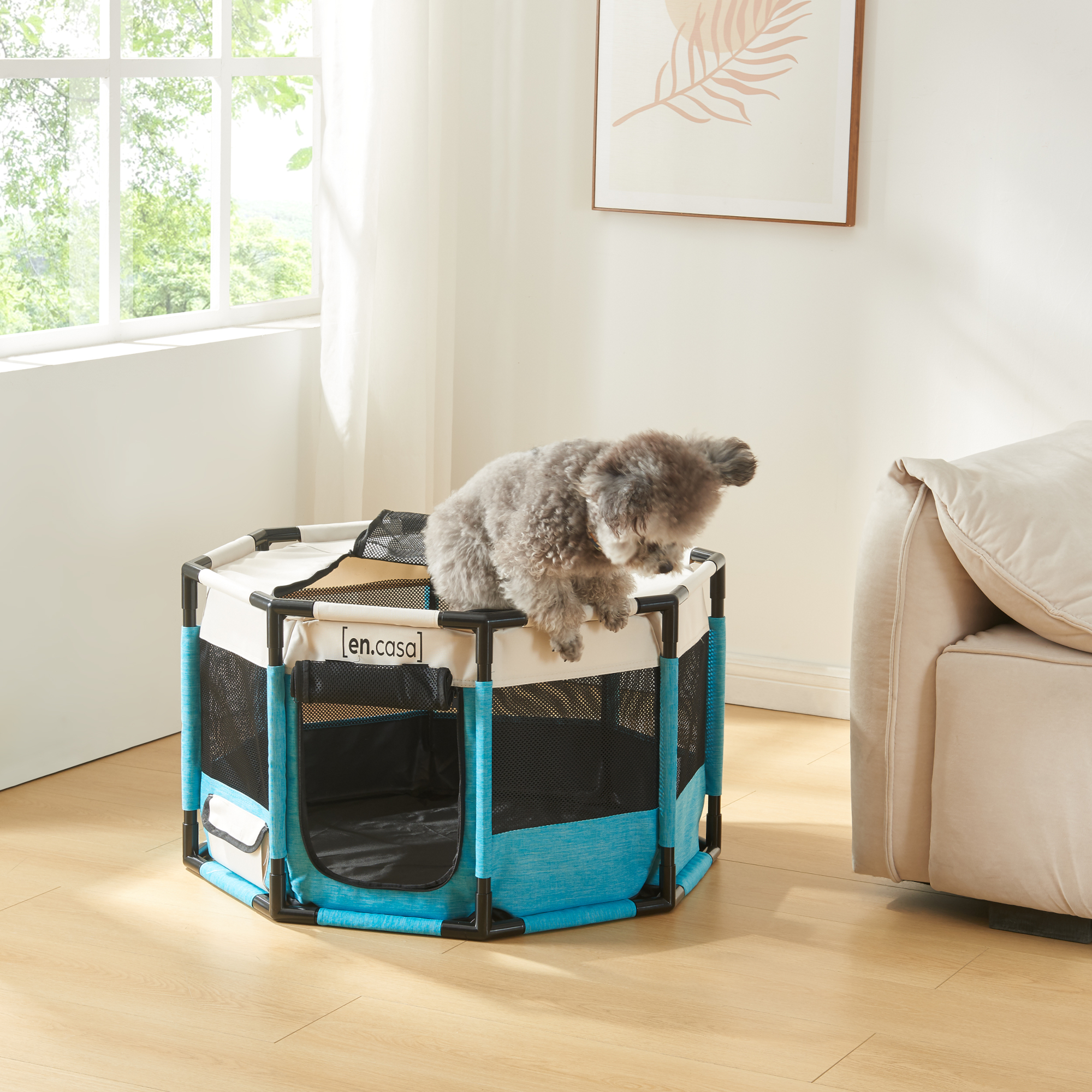 Tarc pentru animale Nærøysund 112x112x62 cm, albastru-bej