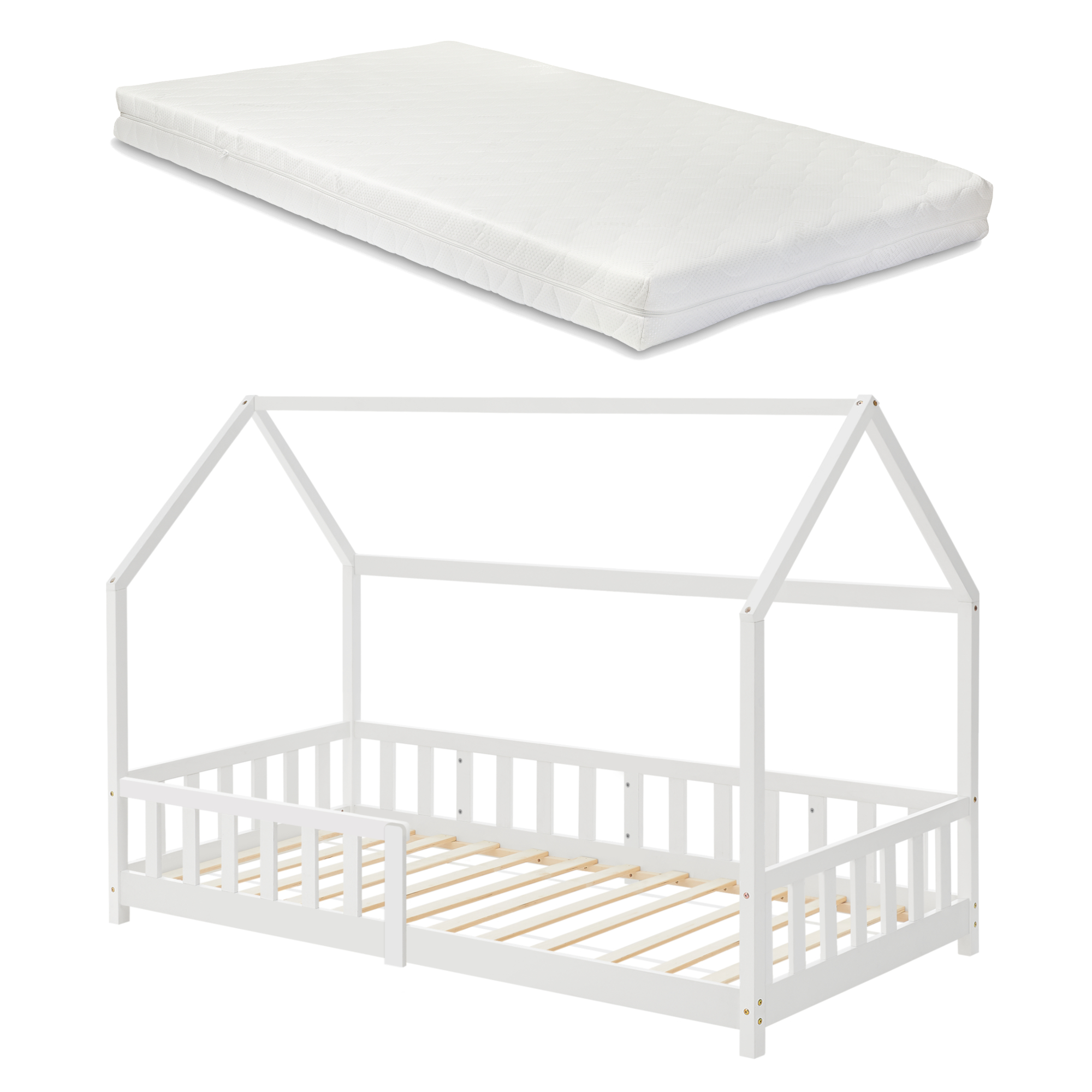 Pat copii tip căsuță Hesel 90x200 cm cu saltea și protecție, alb